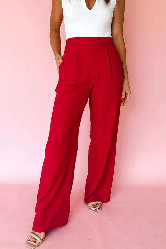 Fiery Red Pleated Pull On High Elastic Waist Loose Straight Pants