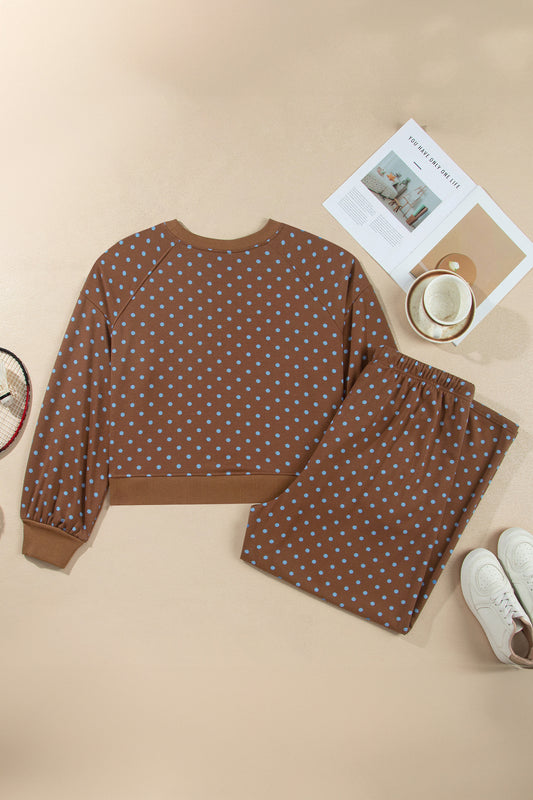 Brown Polka Dot Round-Neck Long-Sleeve Plus Size Set