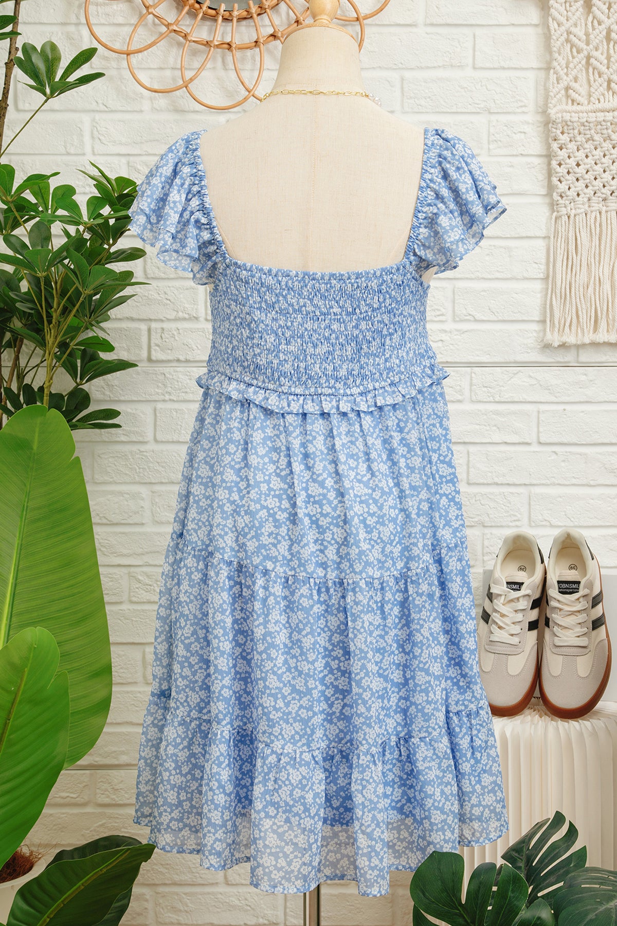 Sky Blue Floral Square Neck Flutter Sleeve Smocked Tiered Mini Dress