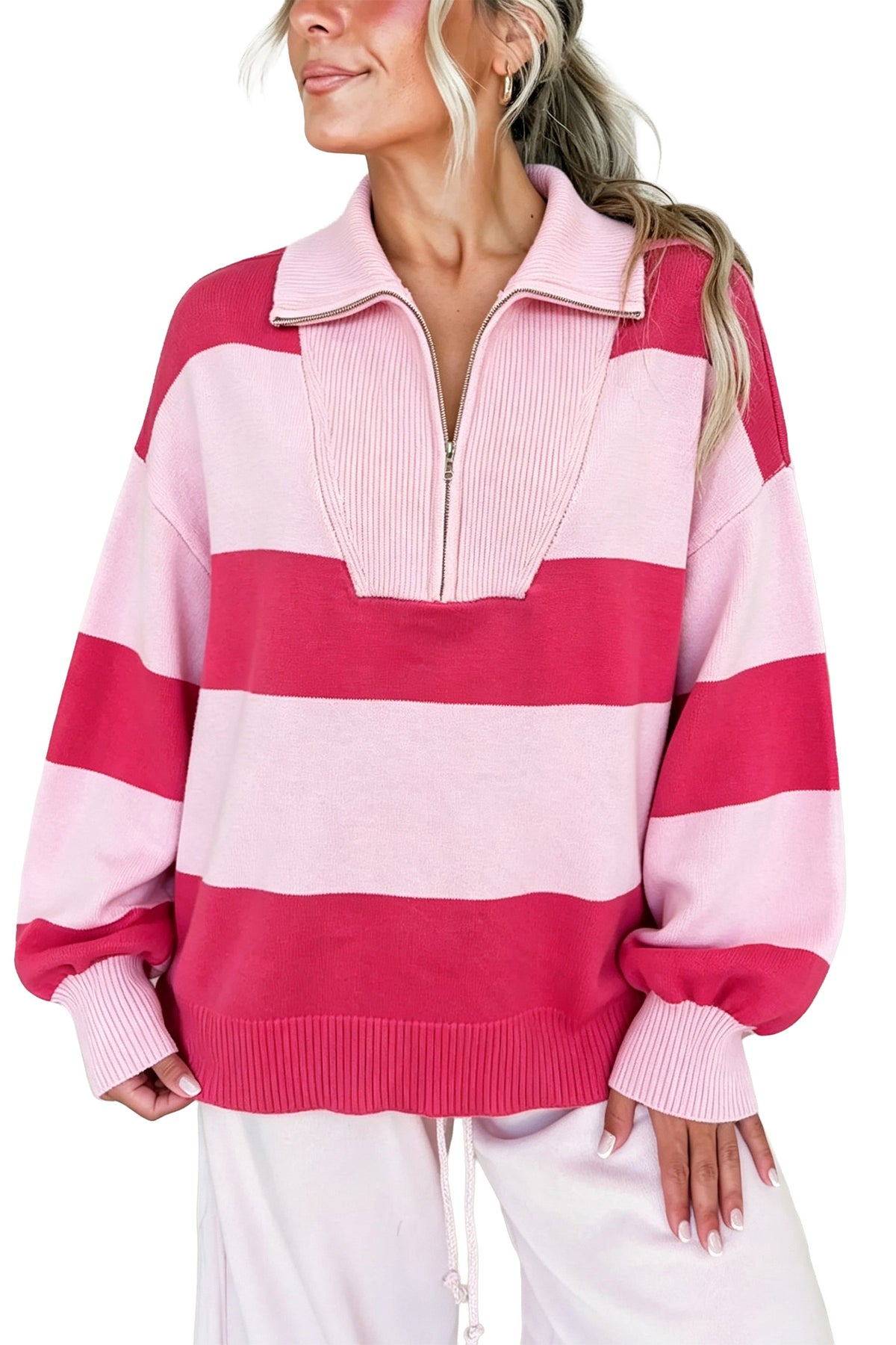 Strawberry Pink Stripe Color Block Zip Collar Sweater