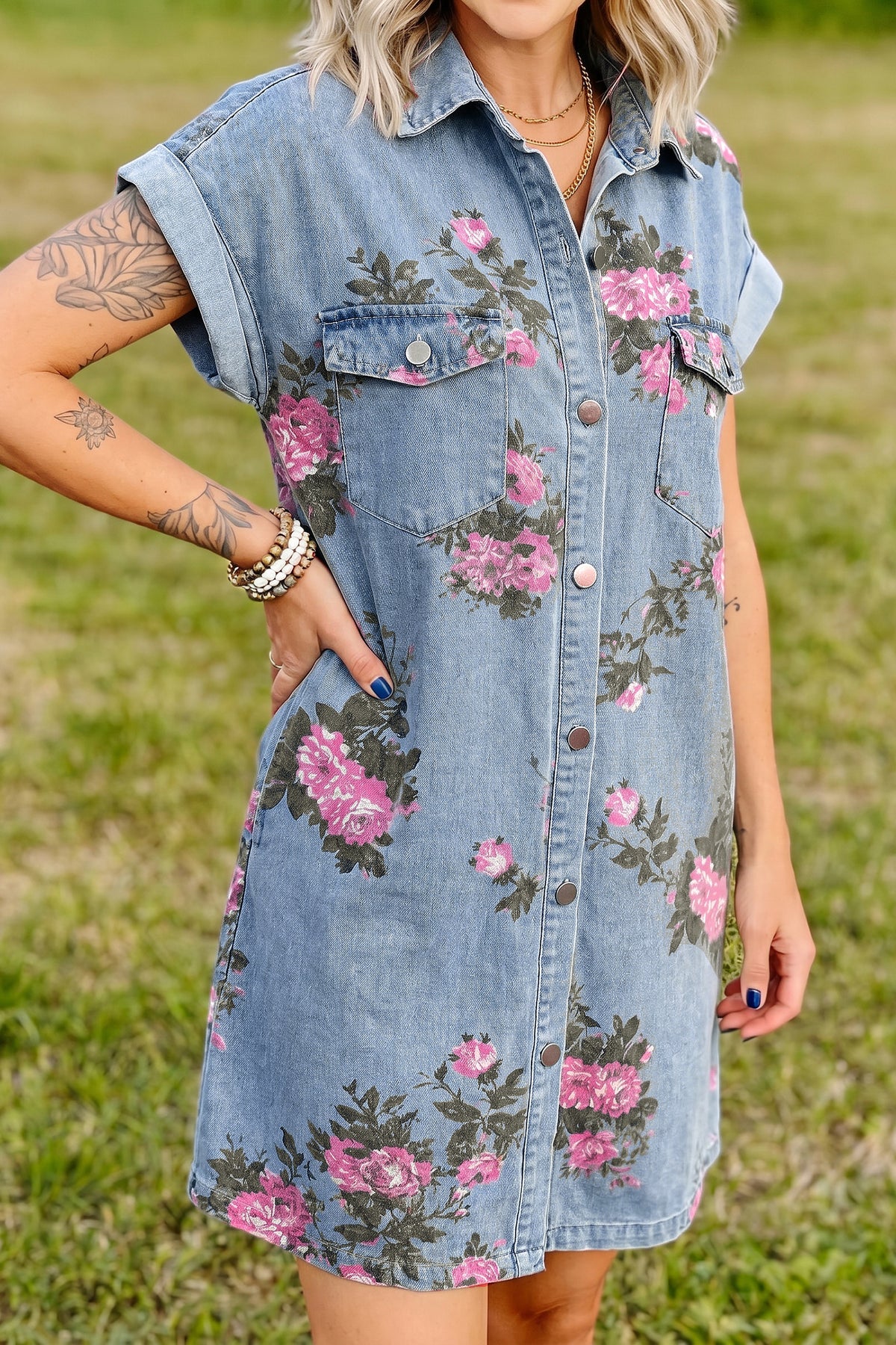 Sky Blue Denim Floral Print Cuffed Short Sleeve Shift Dress