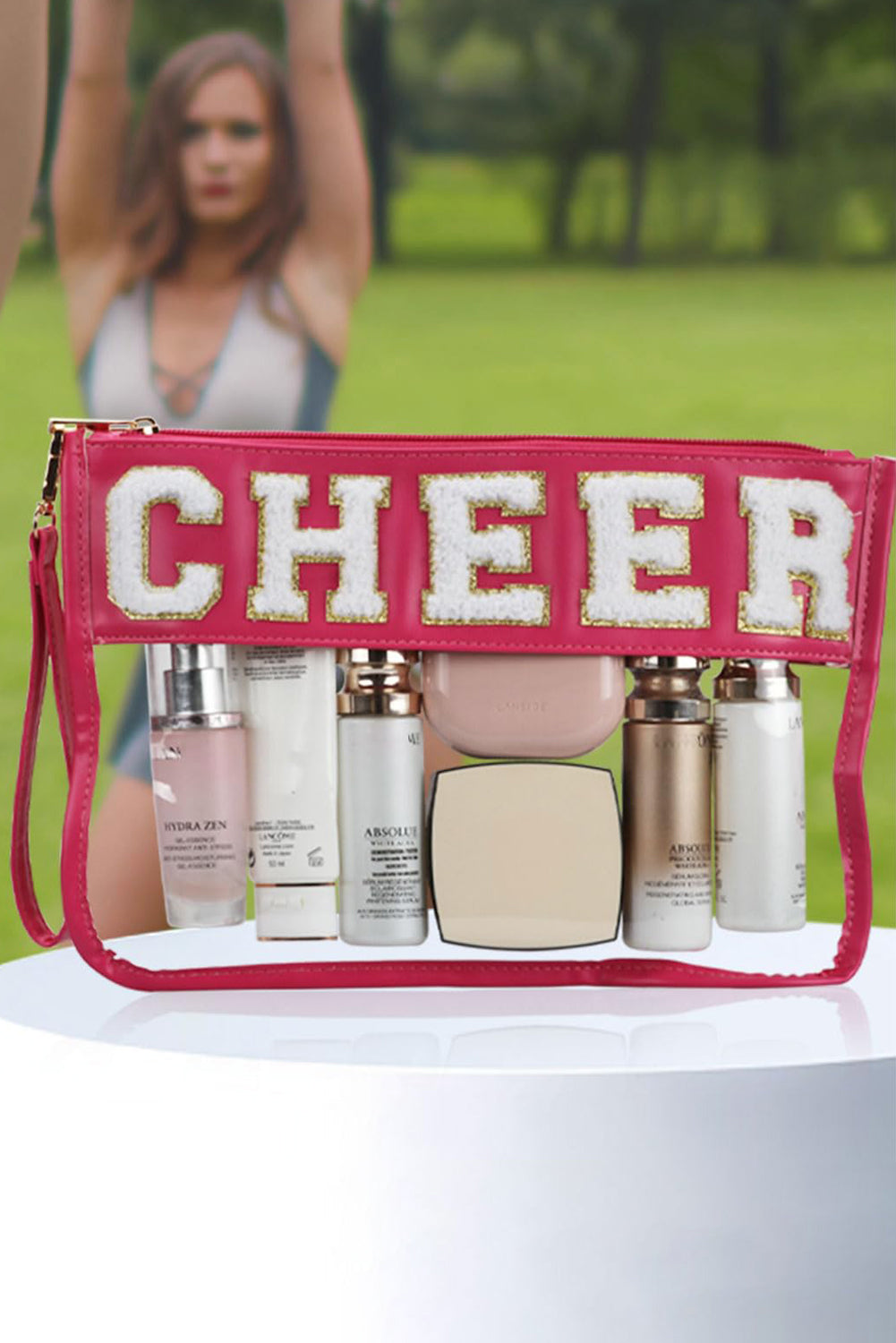 Bright Pink CHEER Chenille Letter PU Leather Patchwork Clear Makeup Bag