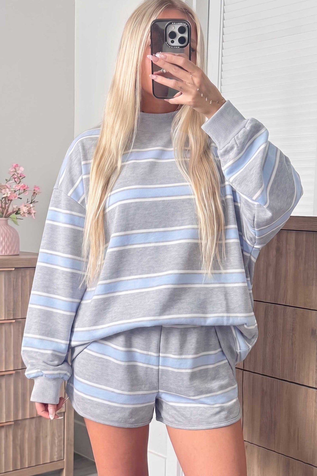 Sky Blue Stripe Exposed Seam High Neck Top and Shorts Set