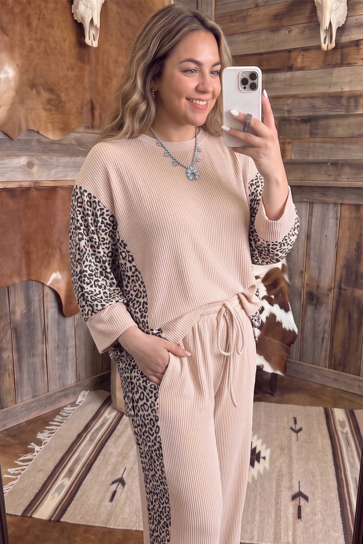 Light French Beige Leopard Print Ribbed Twist Long-Sleeve Top Pants Plus Size Set