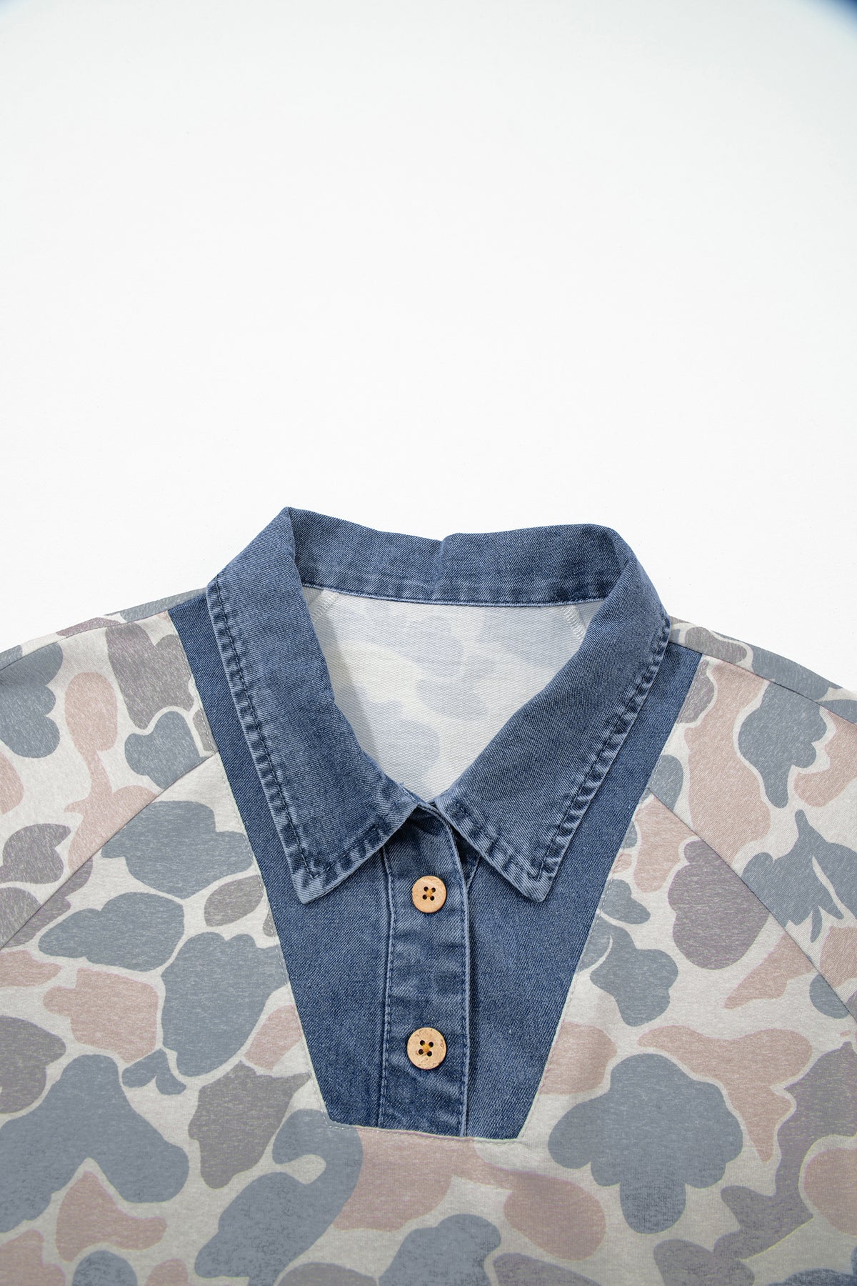 Multicolour Camouflage Print Denim Polo Collar Tee