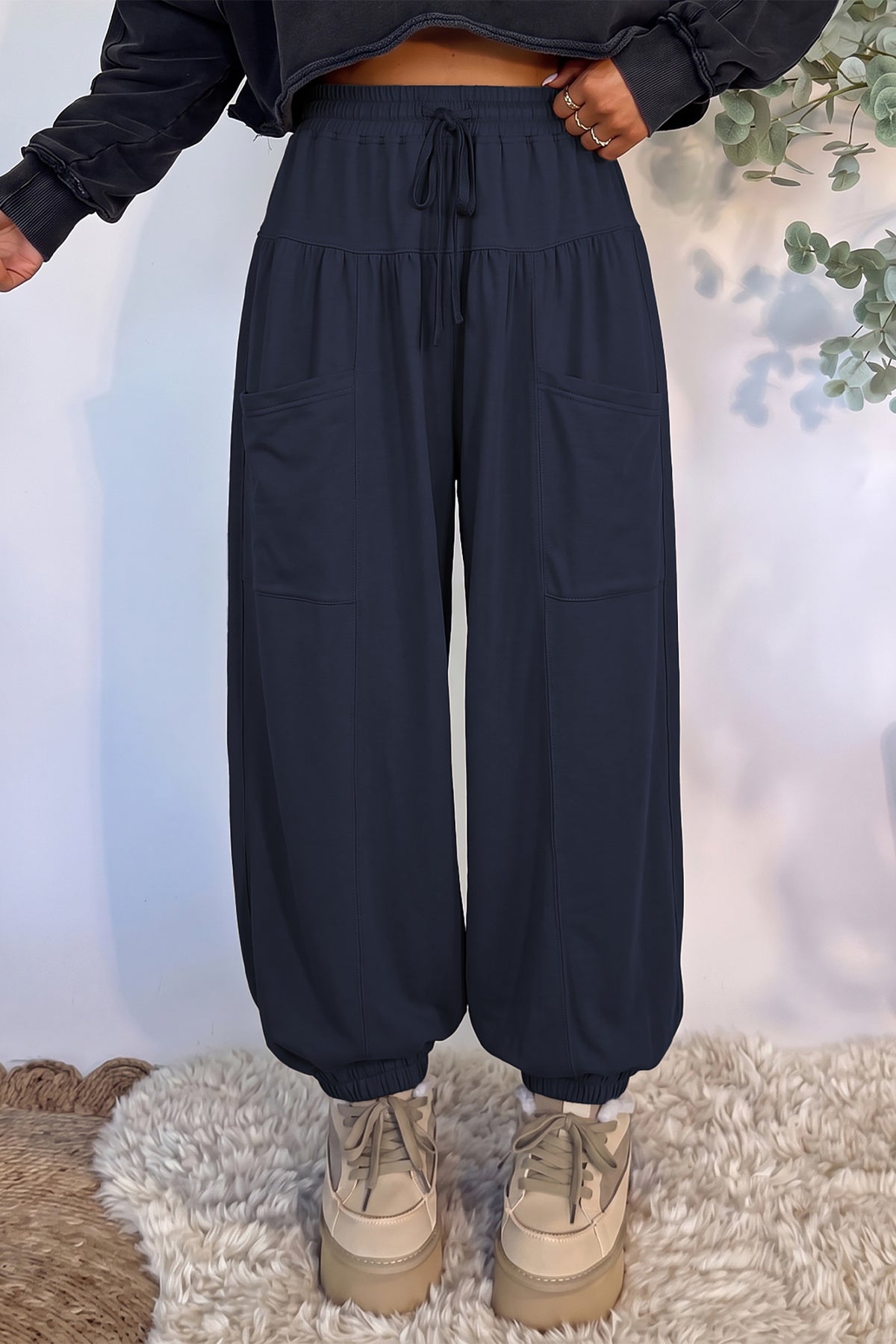 Dirty blue Elastic Waist Drawstring Wide Leg Full-Length Pants