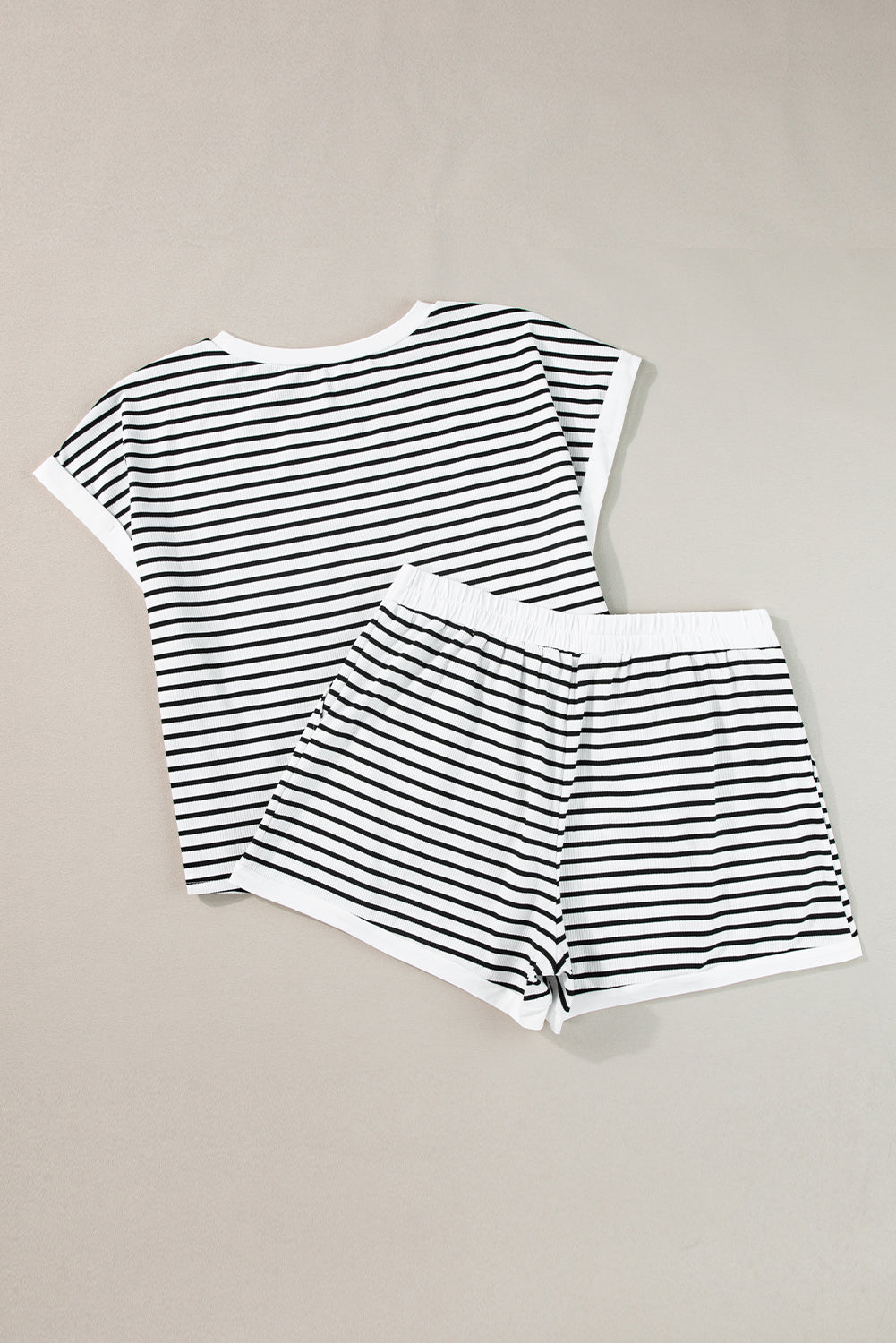 Women's White Stripe Contrast Edge Tee and Shorts Set