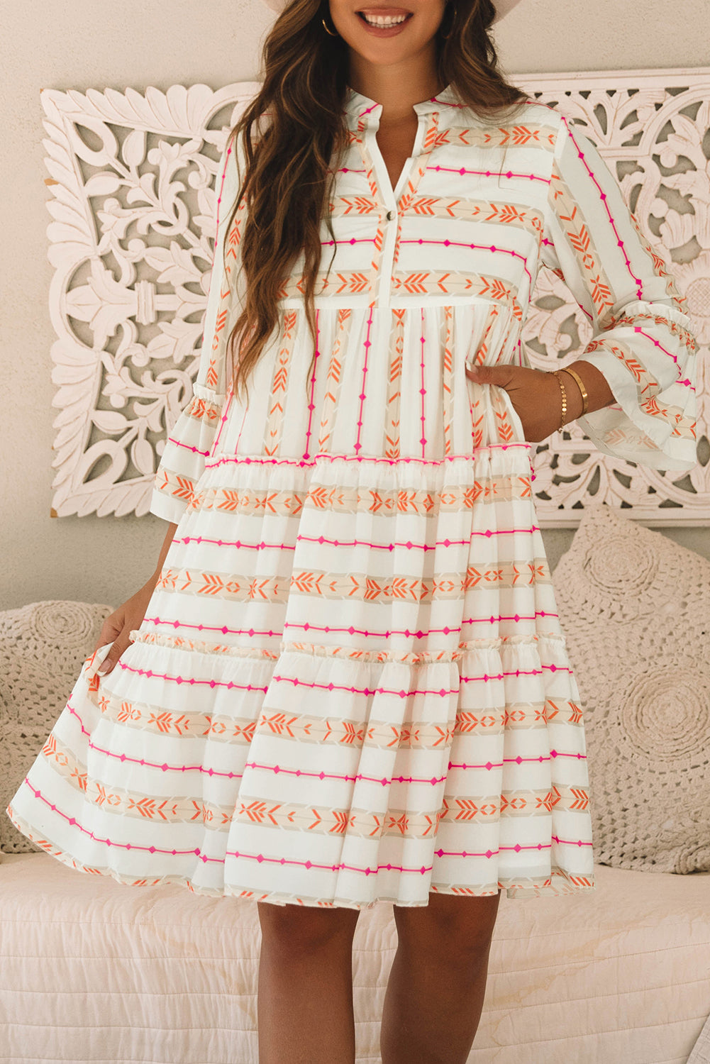 Orange Bohemian Bracelet Sleeve Slit Neck Ruffled Loose Dress