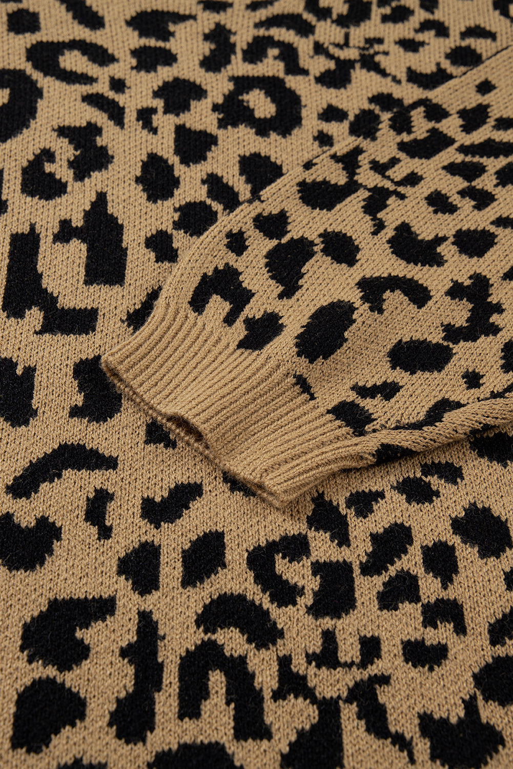 Light French Beige Ribbed Trim Round Neck Leopard Drop Shoulder Sweater