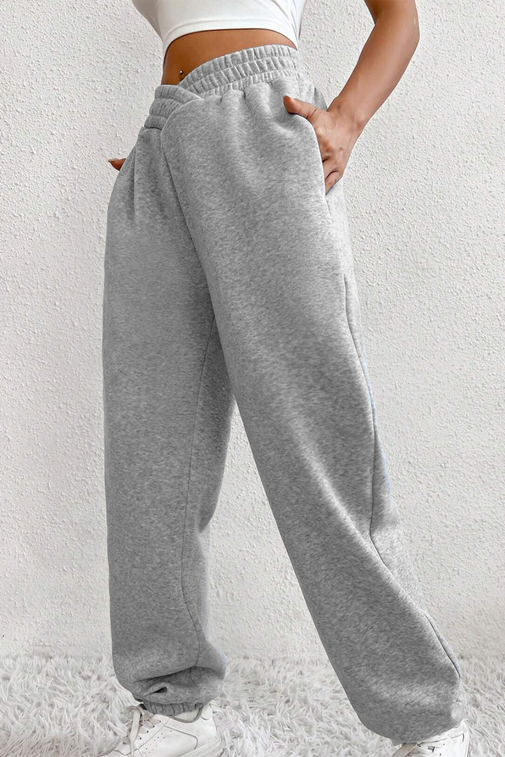 Light Grey Solid Crisscross Elastic Waist Sweatpants