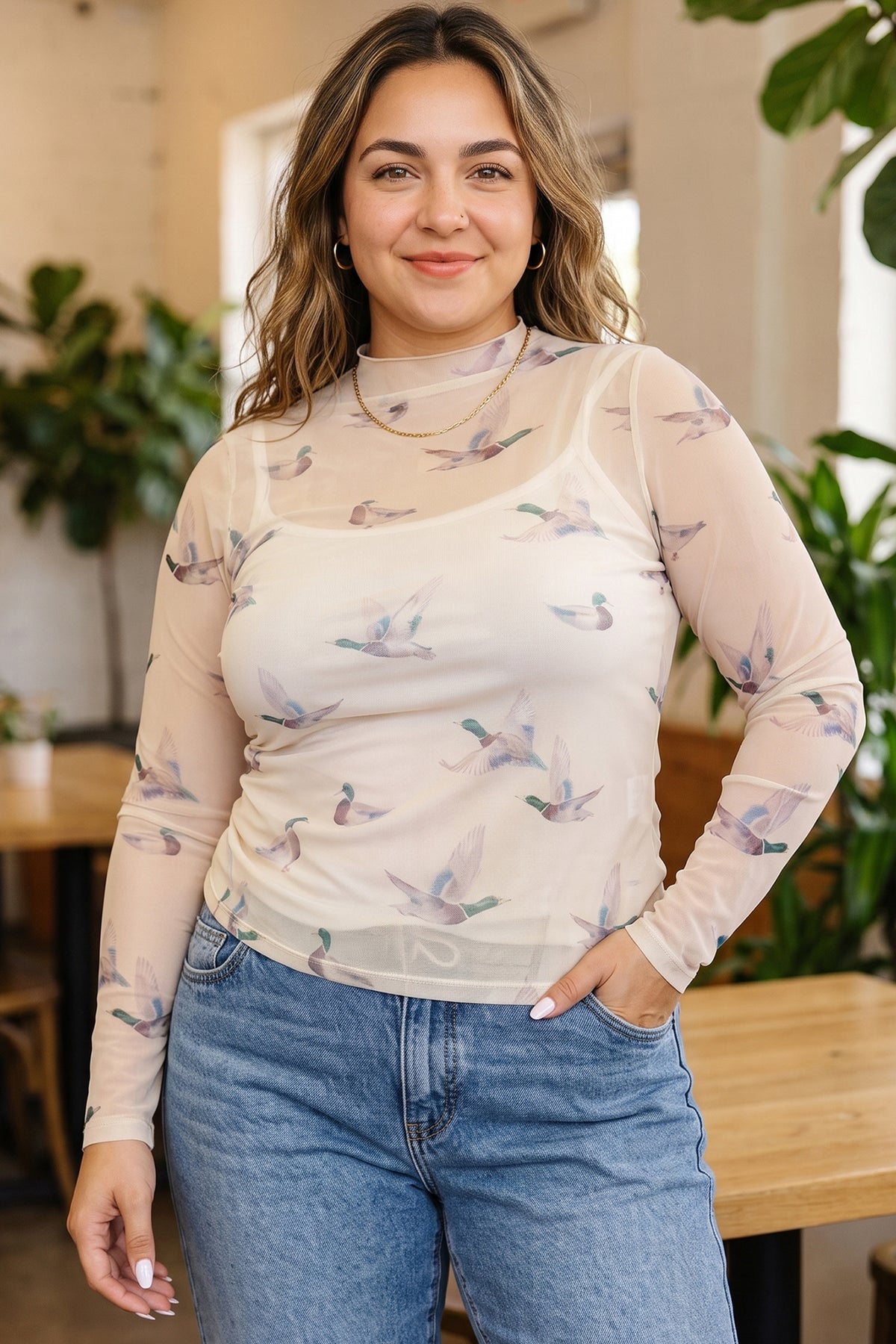 Beige Mesh Duck Print Tunic Long-Sleeve Plus Size Blouse