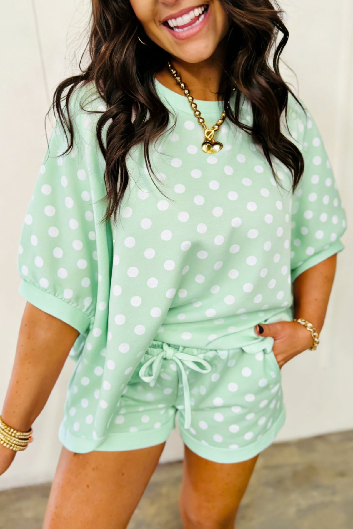 Women's Green Polka Dot Oversized Top Drawstring Shorts Set