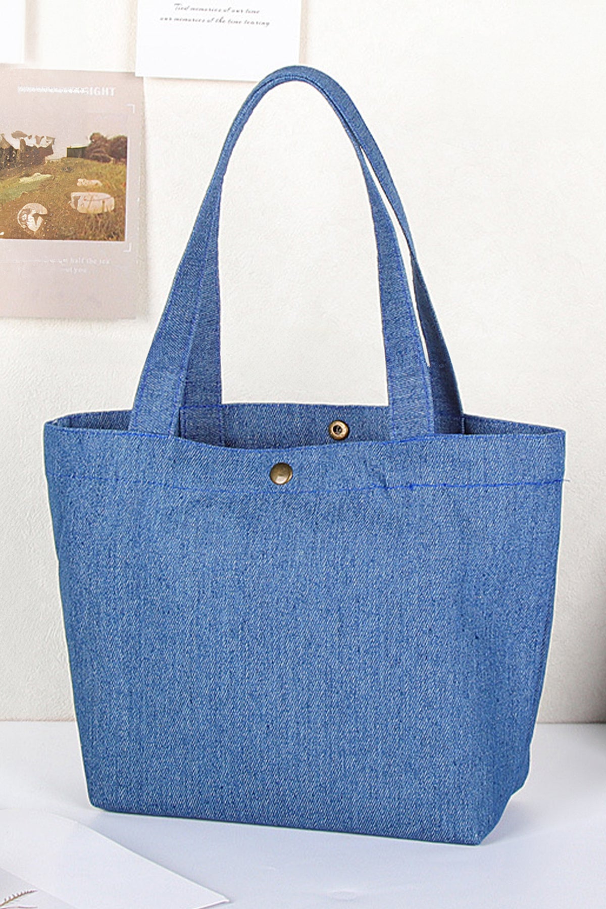 Sky Blue Vintage Denim Snap Button Tote Bag
