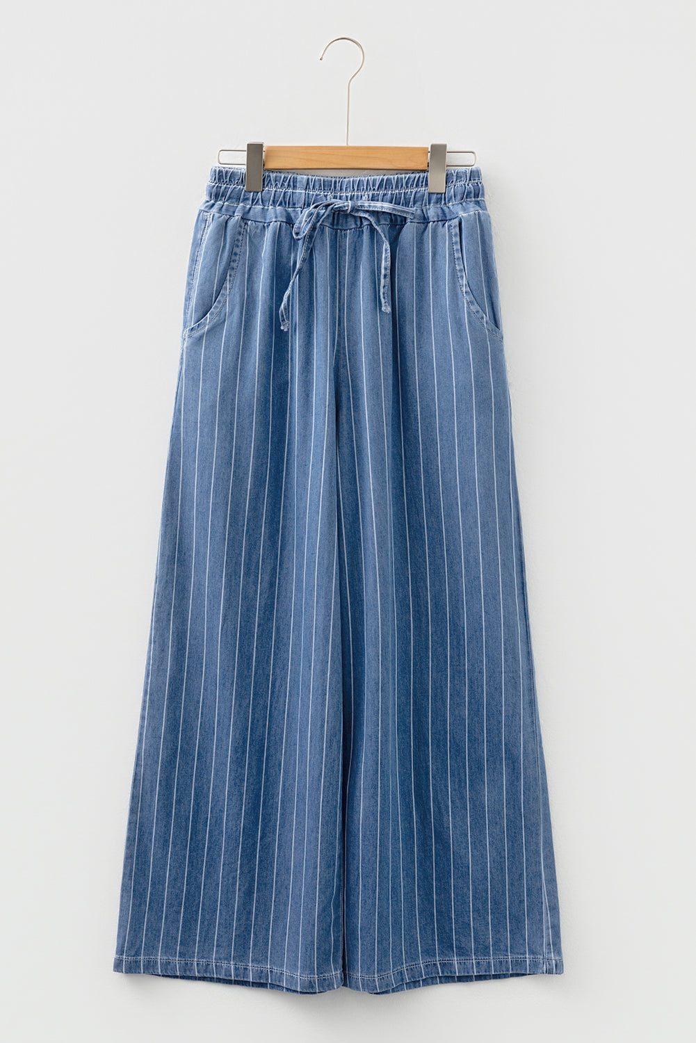 Blue Stripe Chambray Wide Leg Tied Elastic Waist Trousers