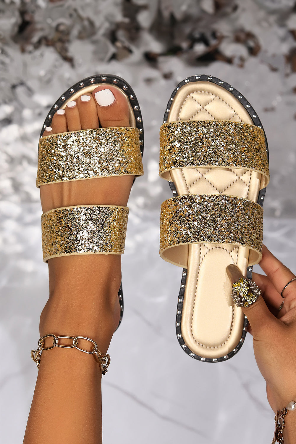 Gold Glittering Hollow Out Dual Straps Flat Sandals
