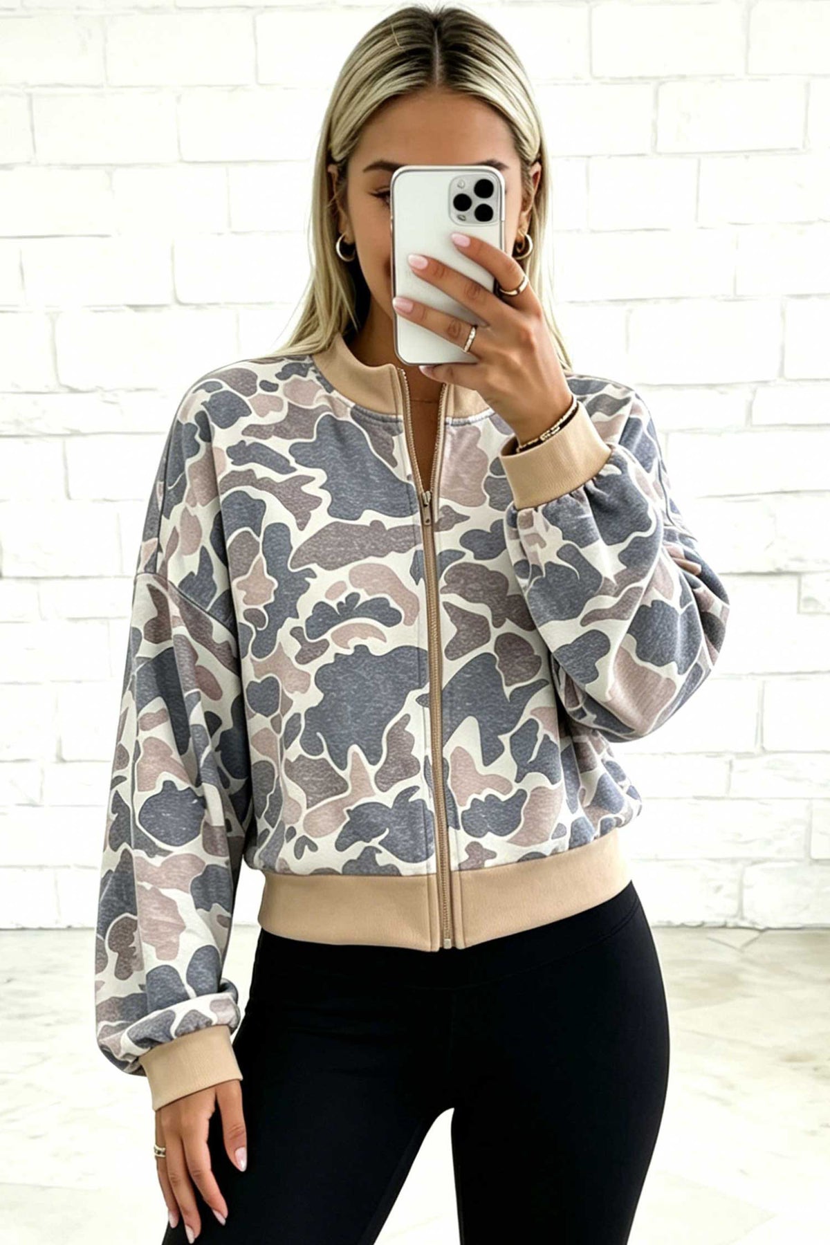 Multicolour Camouflage Print Zip Bomber Sweatshirt
