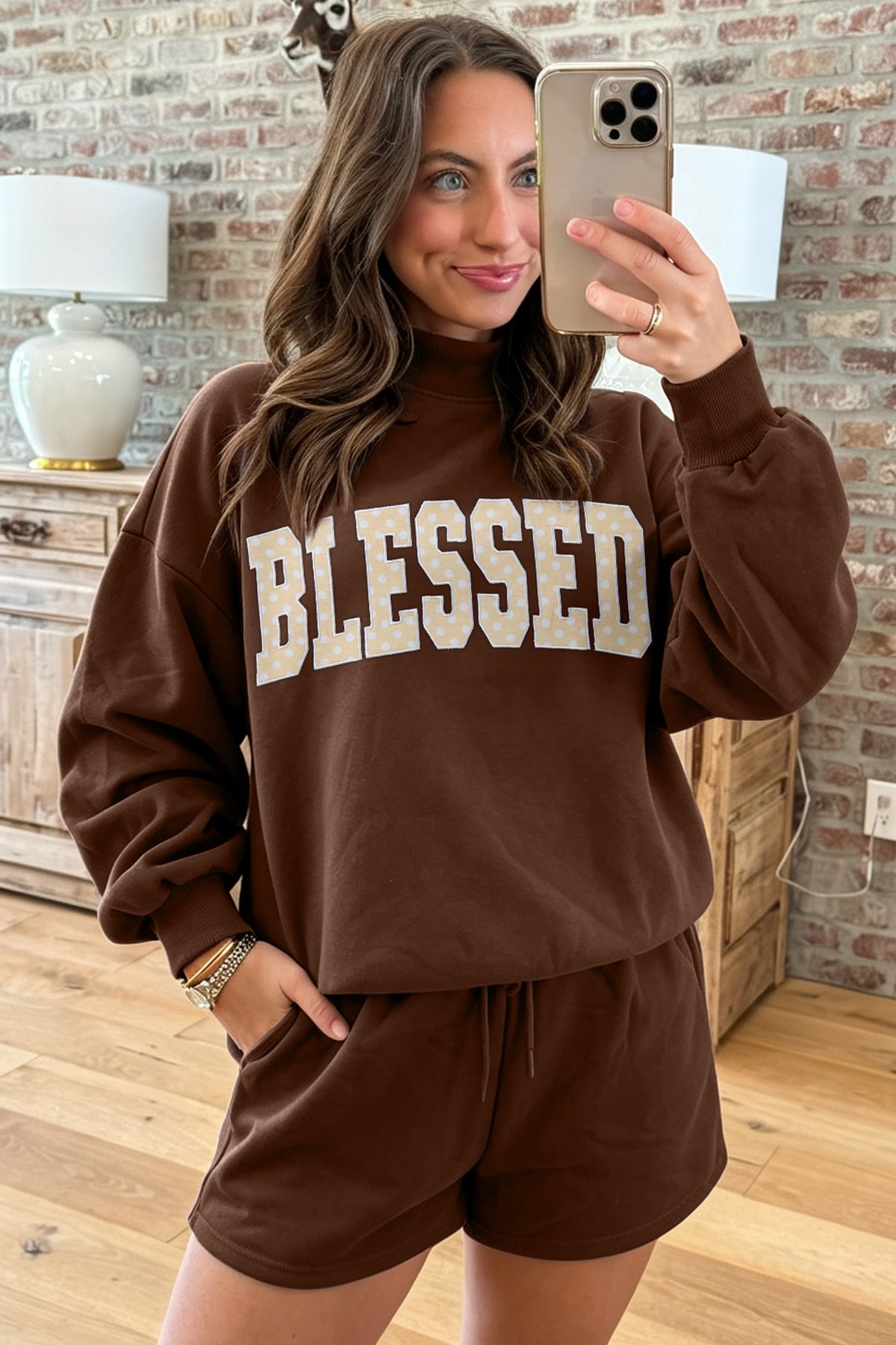 Women's Dark Green Christmas Slogan Print Mock Neck Pullover and Shorts Set