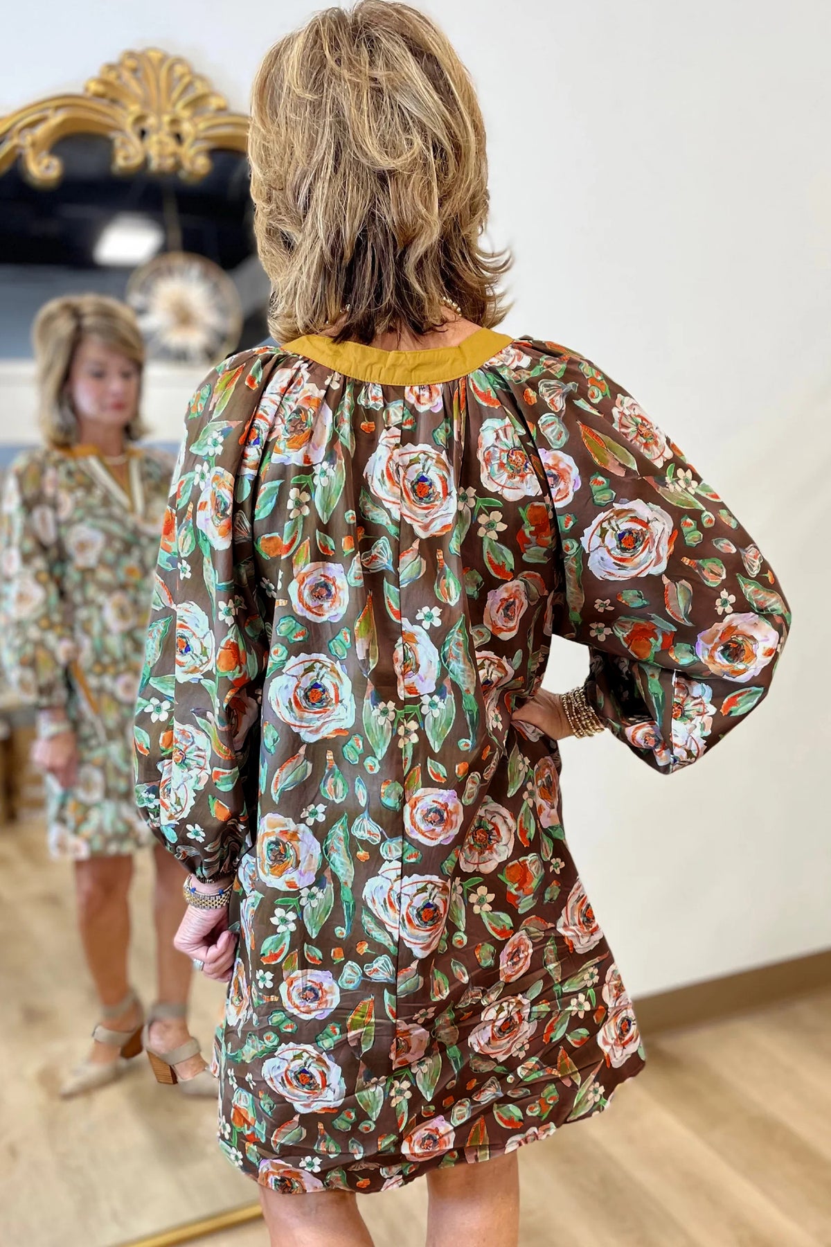 Brown Floral Print V Neck Pocketed Long Sleeve Mini Dress