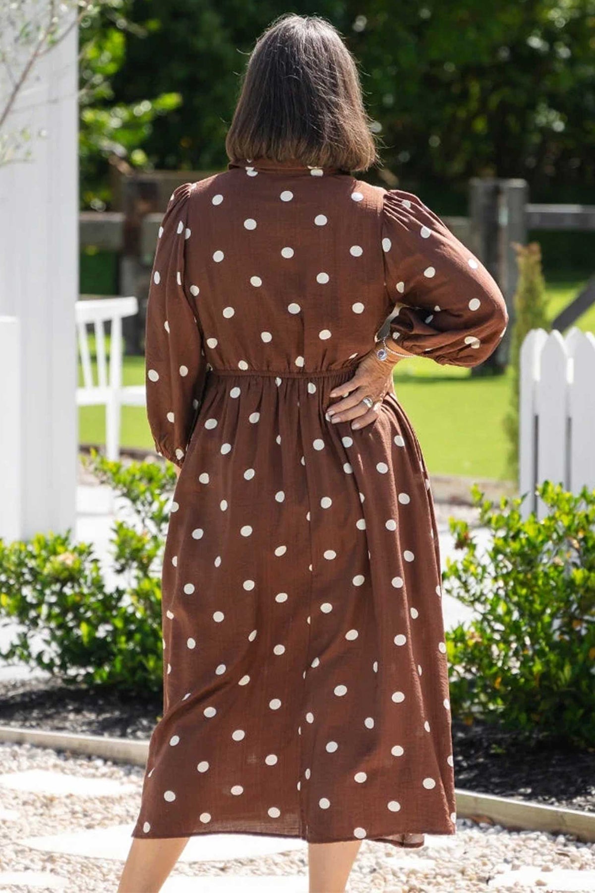 Brown Polka Dot V-Neck Abdomen Pocket Gathered Cuffs Long-Sleeve Shift Plus Size Dress