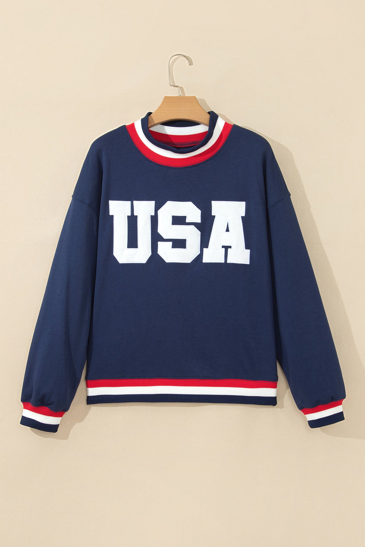Dirty blue USA Slogan Patch Embroidery High Neck Sweatshirt
