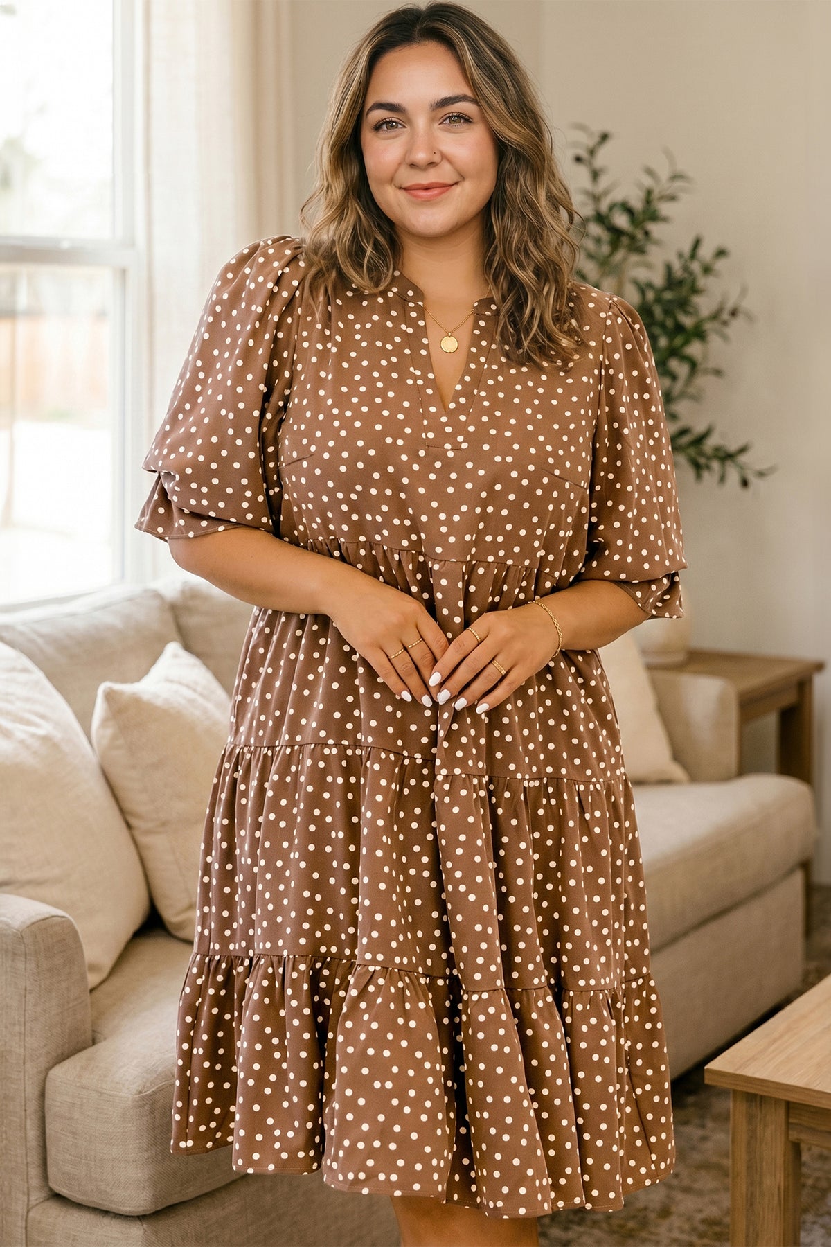Brown V-Neck Polka Dot Long-Sleeve Shift Plus Size Dress
