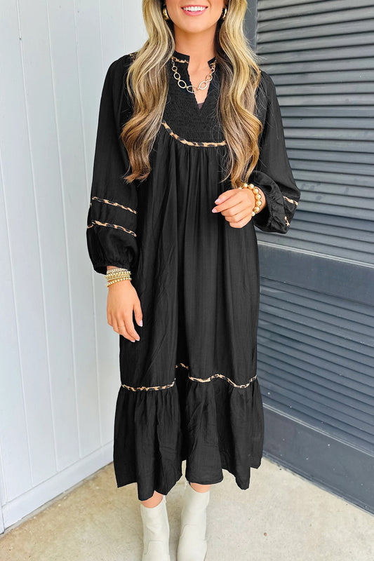 Black Contrast Leopard Trim Split Neck Long Sleeve Midi Dress