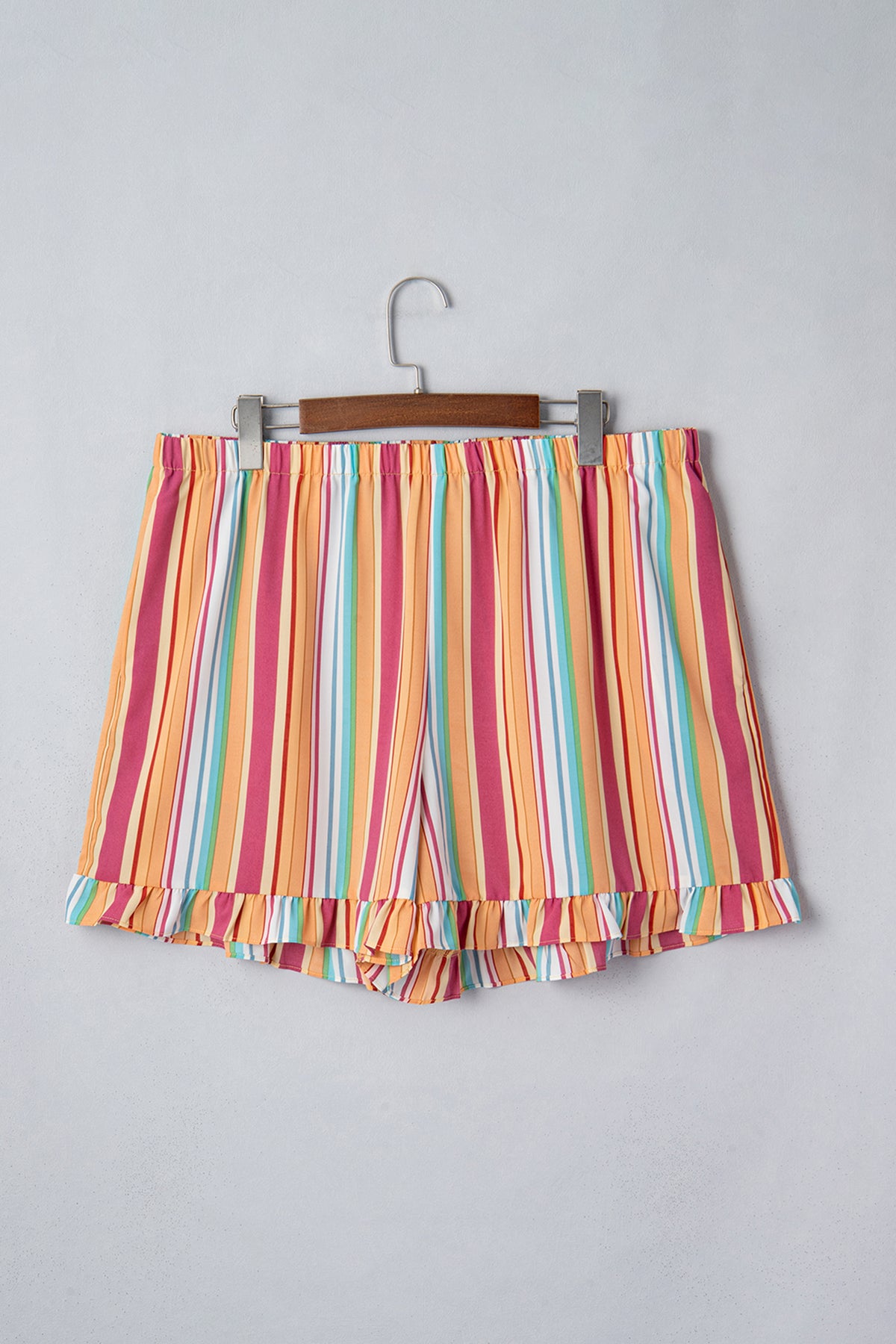 Orange Stripe Plus Size Elastic-Waist Ruffle Hem Shorts