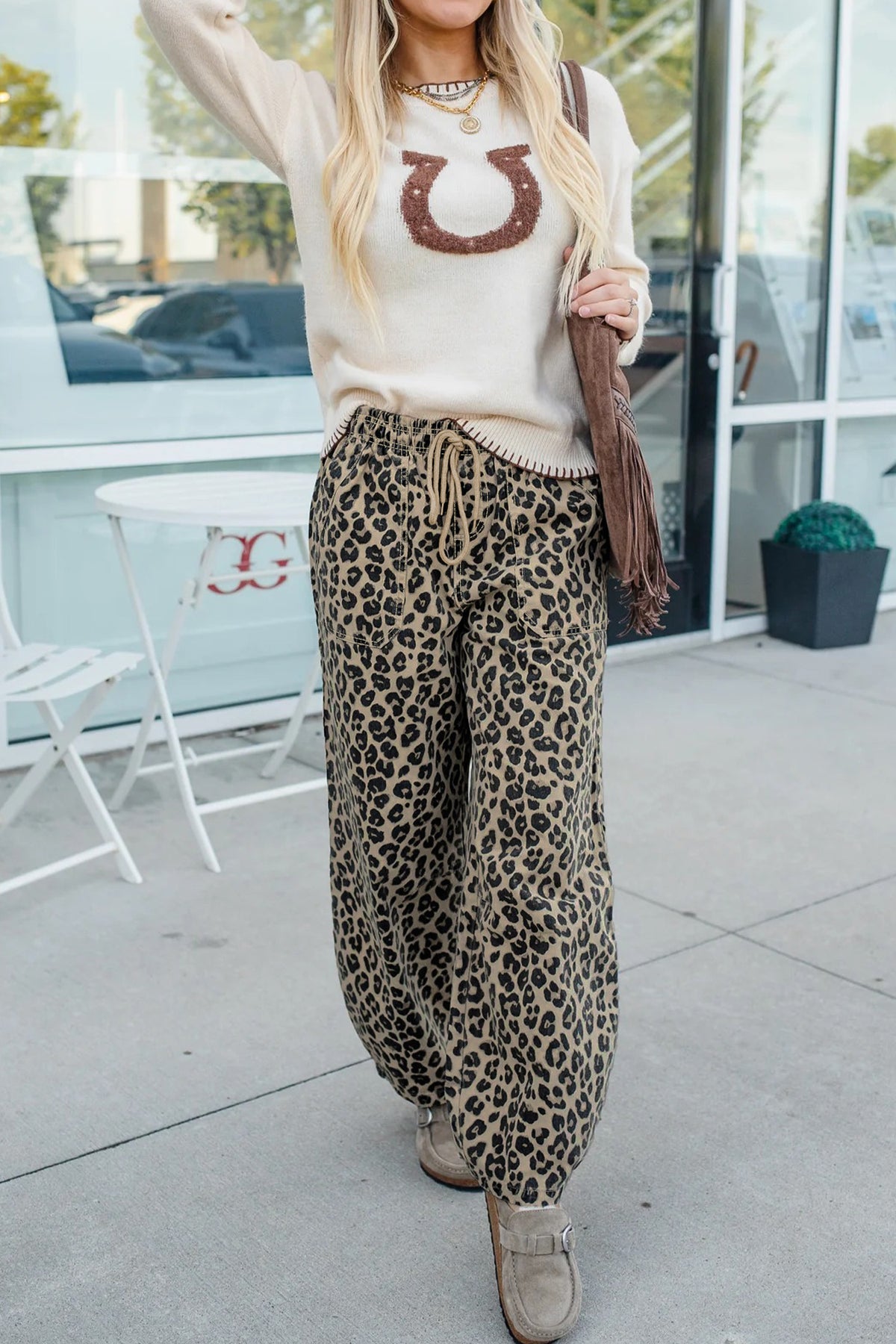 Khaki Leopard Print Drawstring Elastic Waist Denim Pants with Pockets