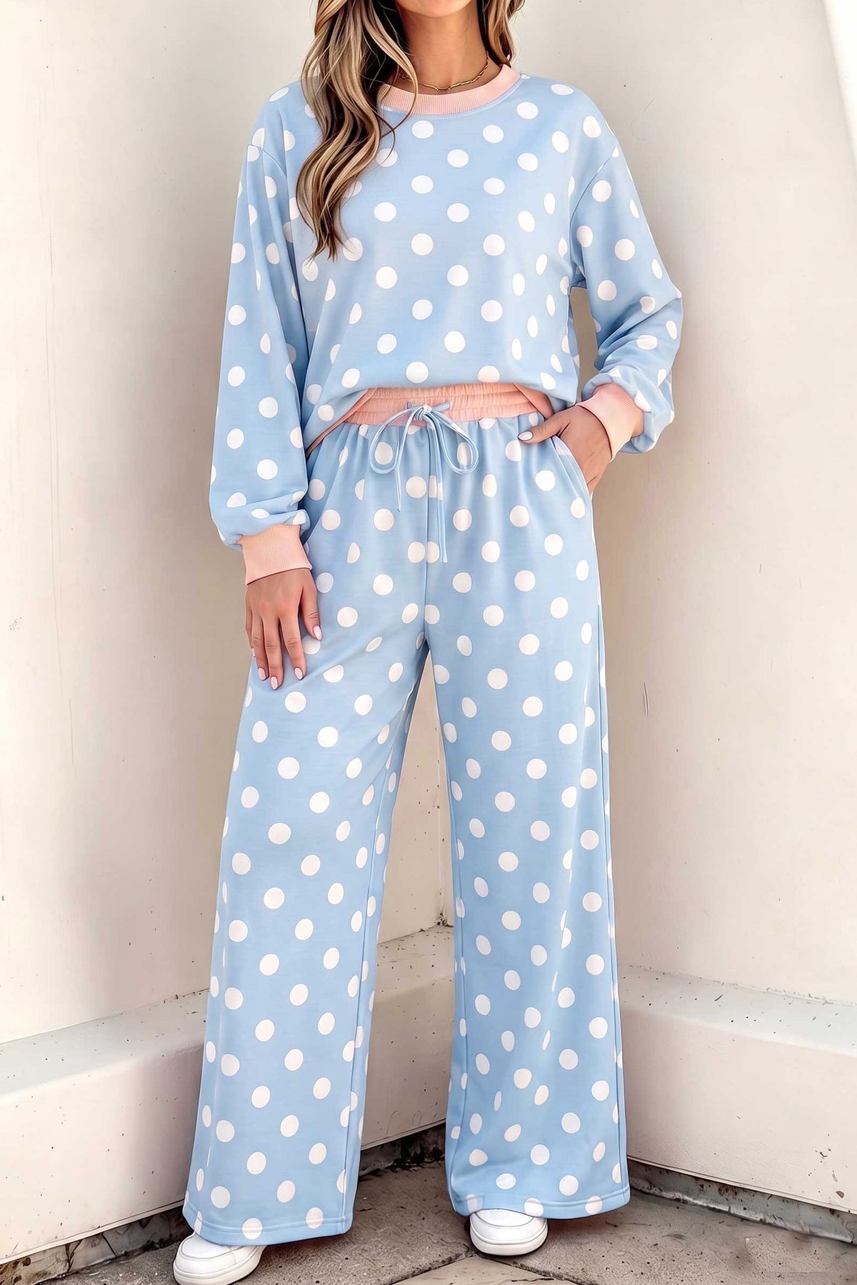 Women's Sky Blue Polka Dot Contrast Trim Long-Sleeve Top Drawstring Shift Pants Set