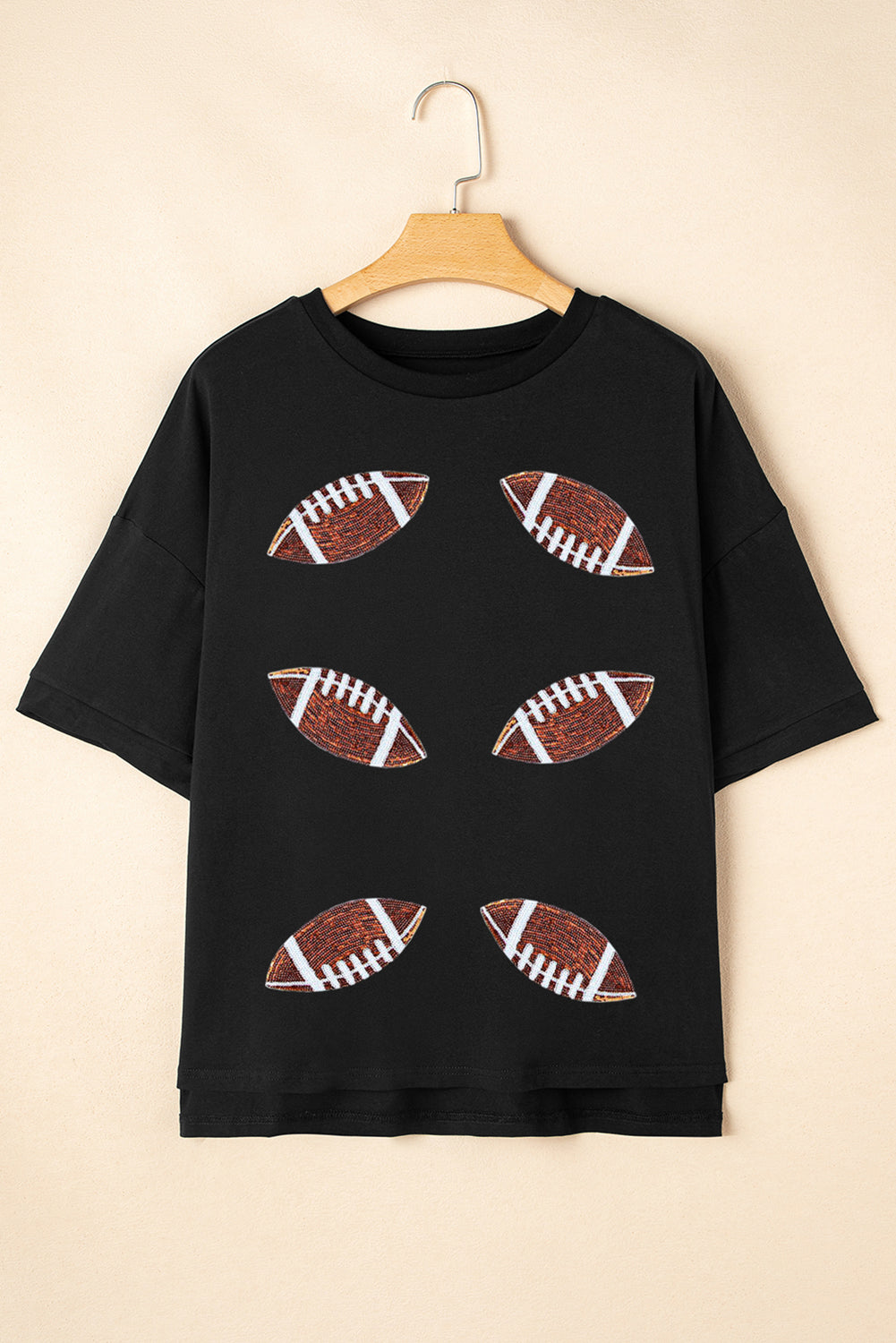 Black Sequin Rugby Football Patched Crewneck Loose T-Shirt