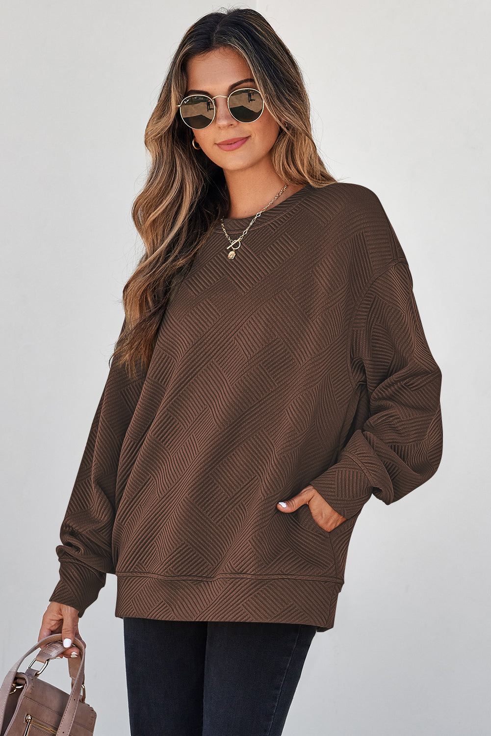 White Solid Color Textured Round Neck Sweatshirt