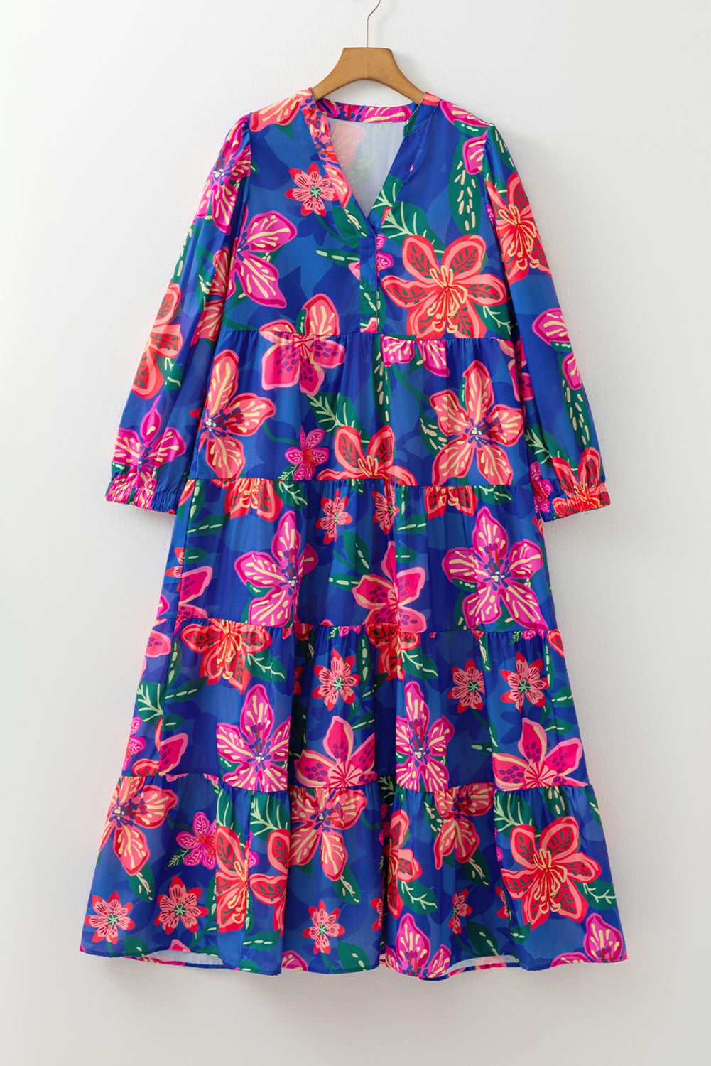 Blue Floral Print 3/4 Sleeve V Neck Tiered Long Dress