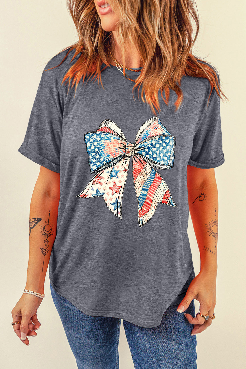 Gray US Flag Bow Print Round Neck Loose T-Shirt