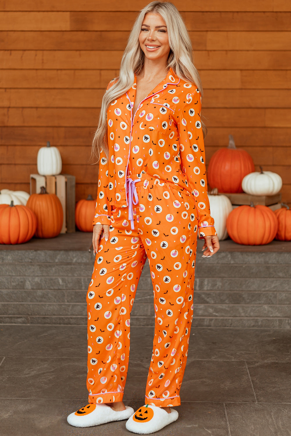Orange Halloween Print Lapel Shirt Long Pajama Set