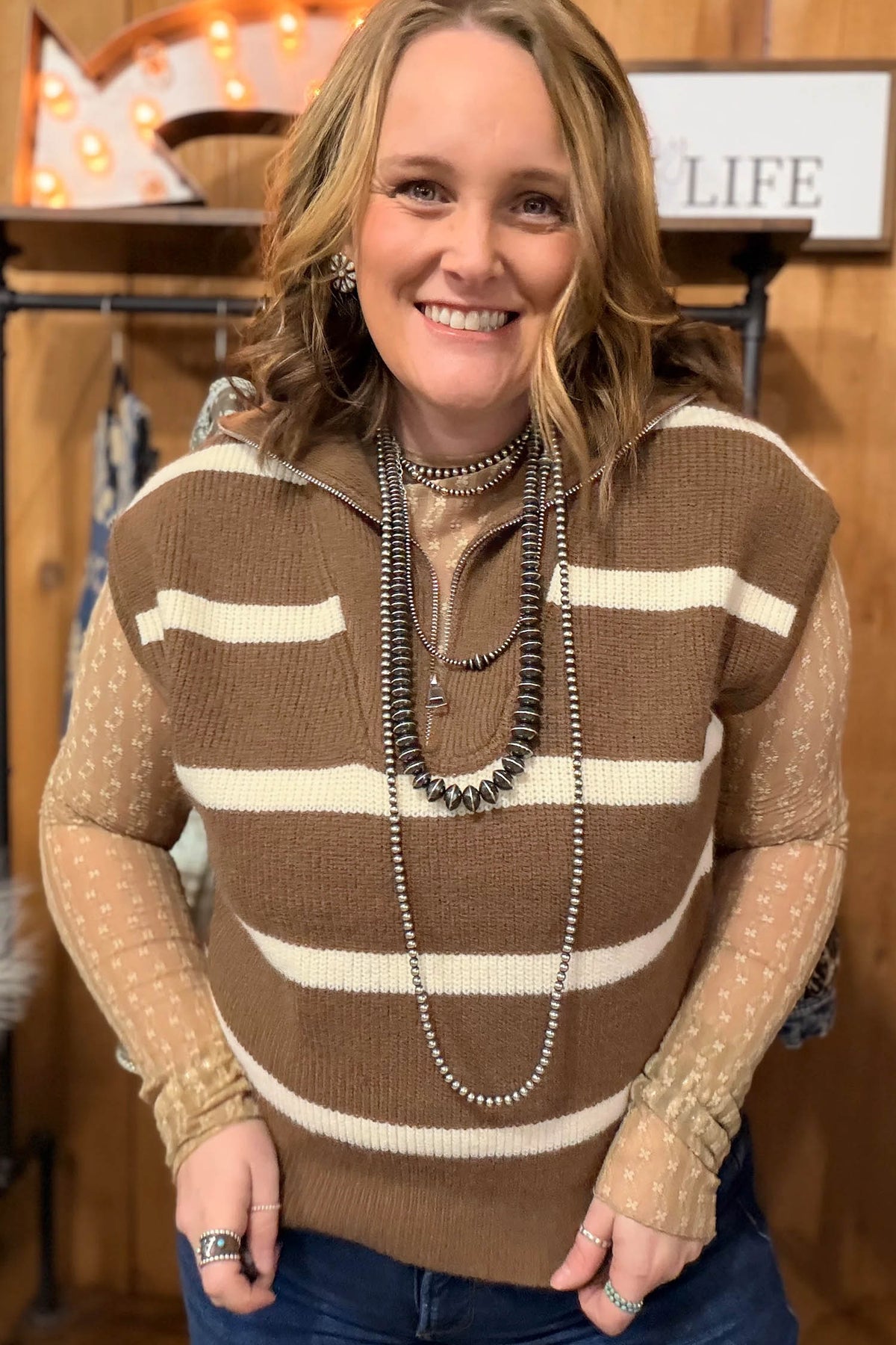 Brown Stripe Striped Colorblock V Neck Tunic Sweater T-shirt