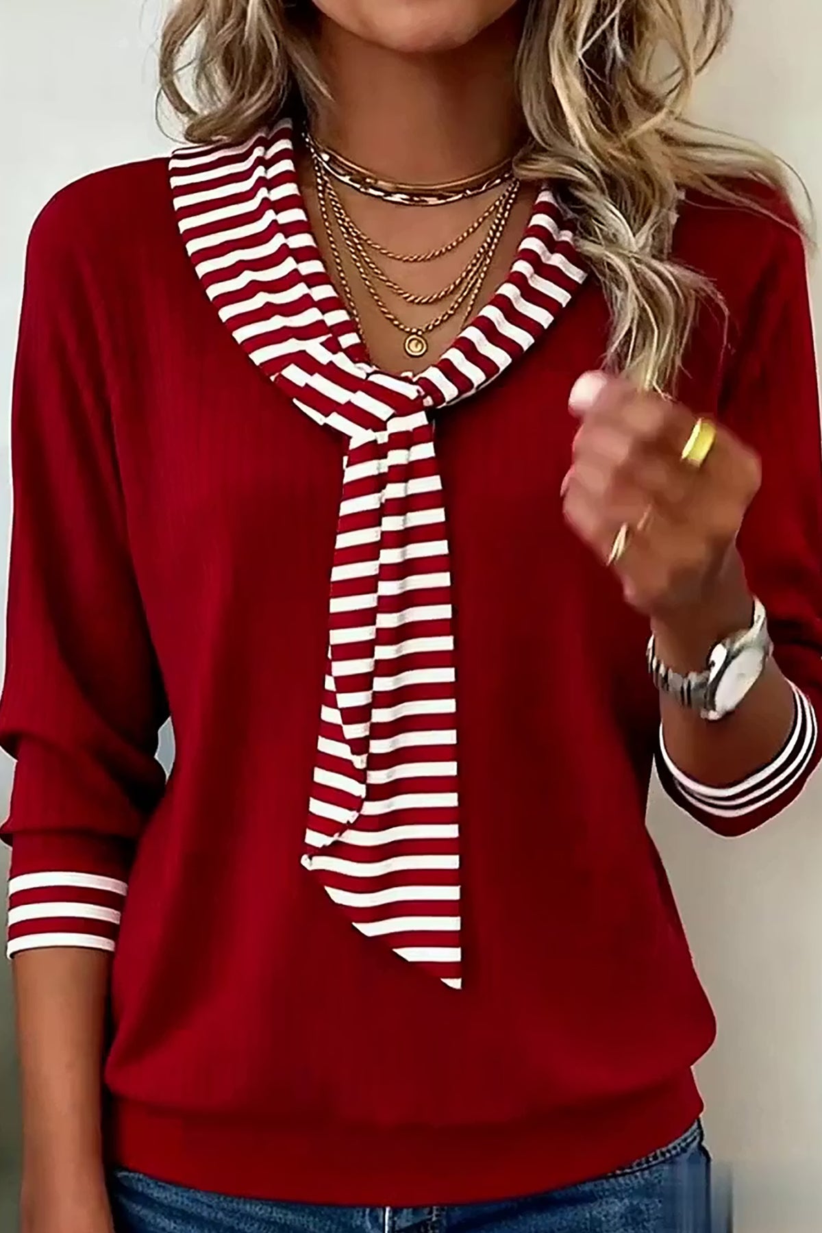 Red Dahlia Striped Tie Collar Long Sleeve Top
