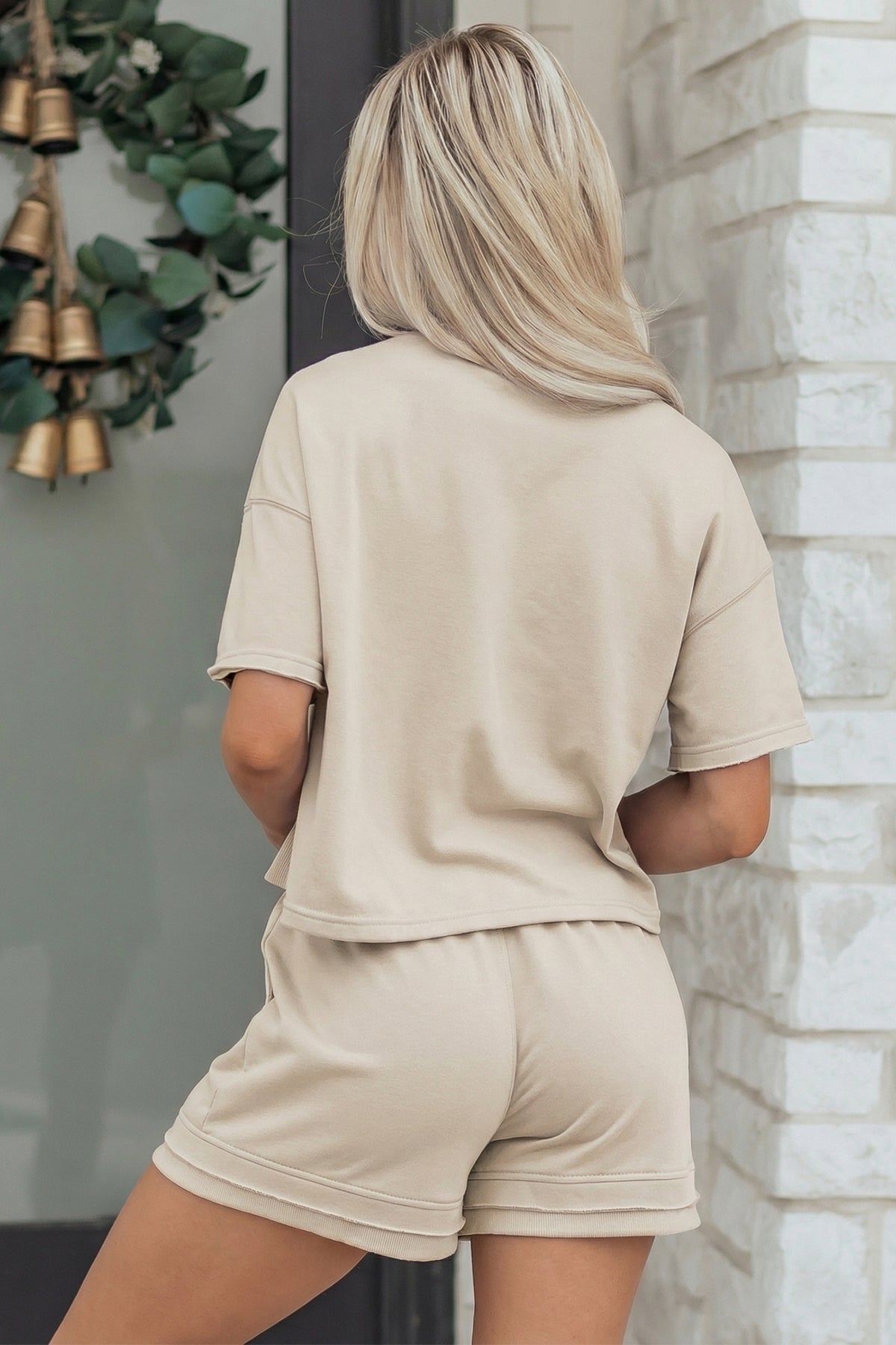 Women's Jet Stream Contrast Textured Patchwork Raw Edge Two-Piece Shorts Set