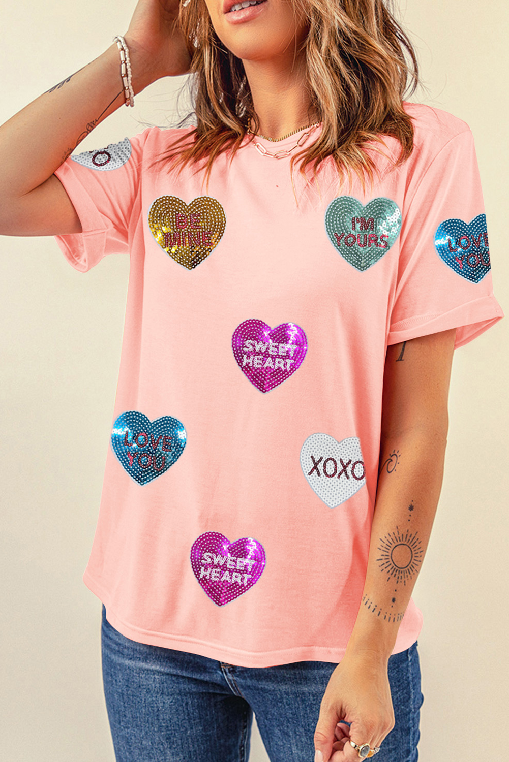 Pink Sequin Valentines Lettering Heart Patched Crewneck T-Shirt