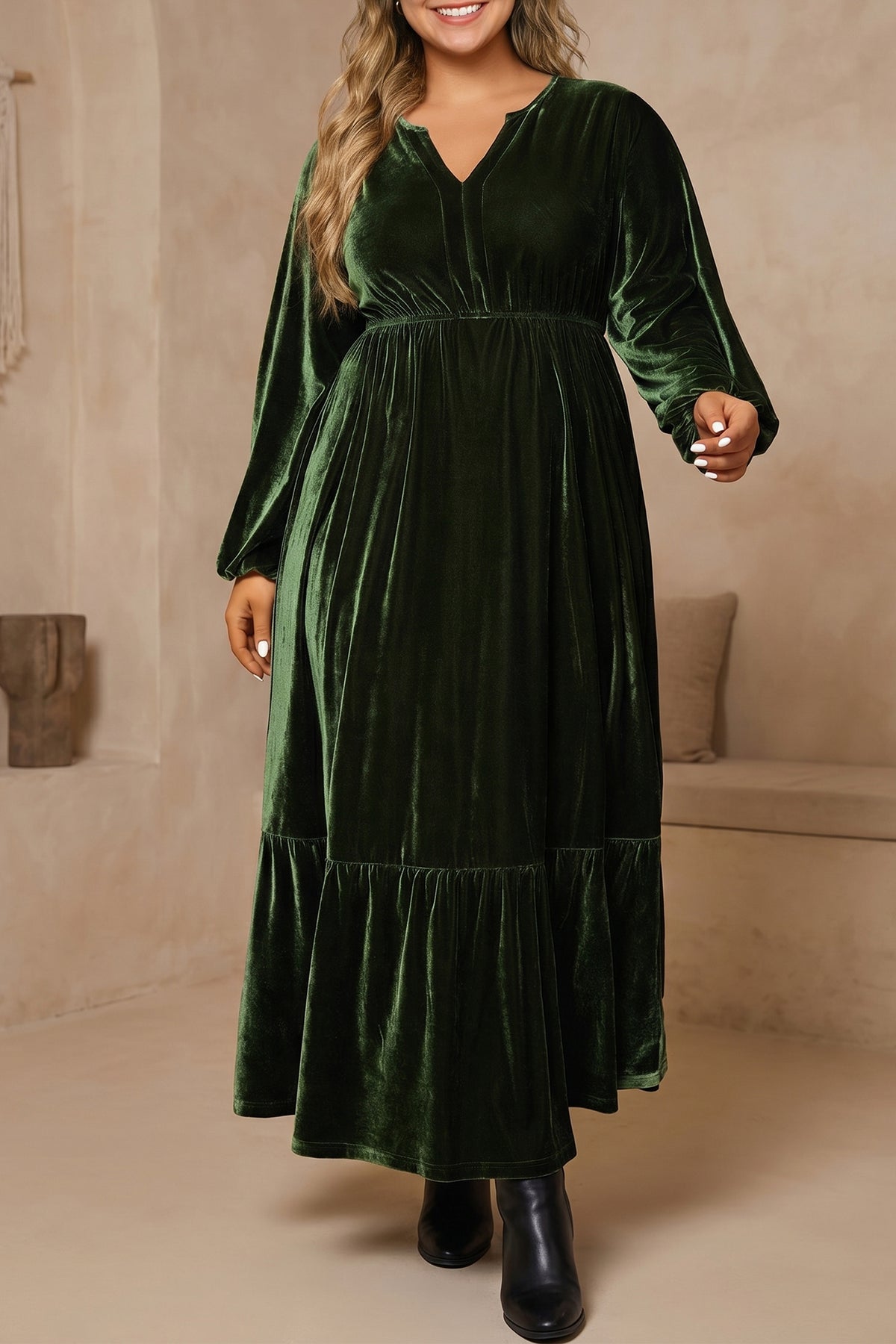 Blackish Green V Neck Velvet Plus Size Maxi Dress