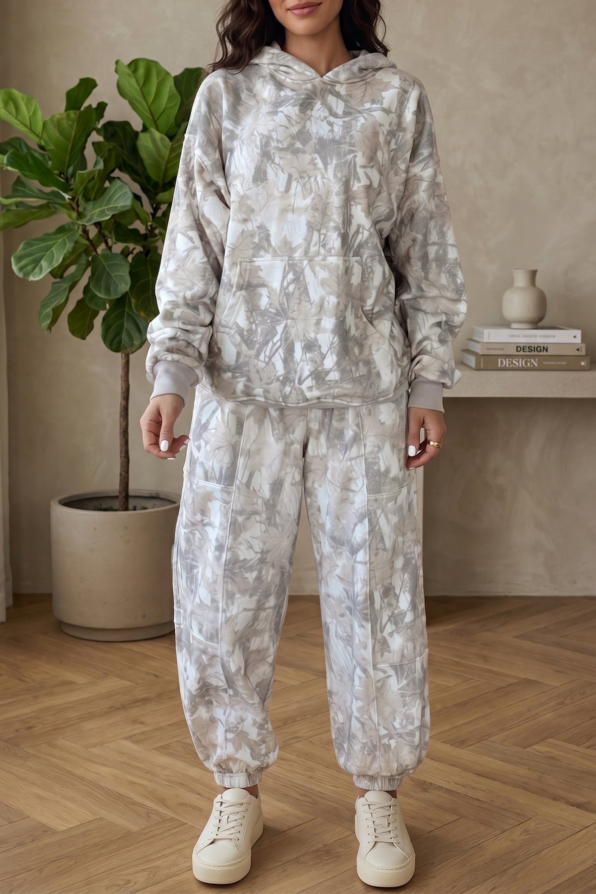Women's Multicolour Abstract Print Long-Sleeve Elastic Waist Pants Set