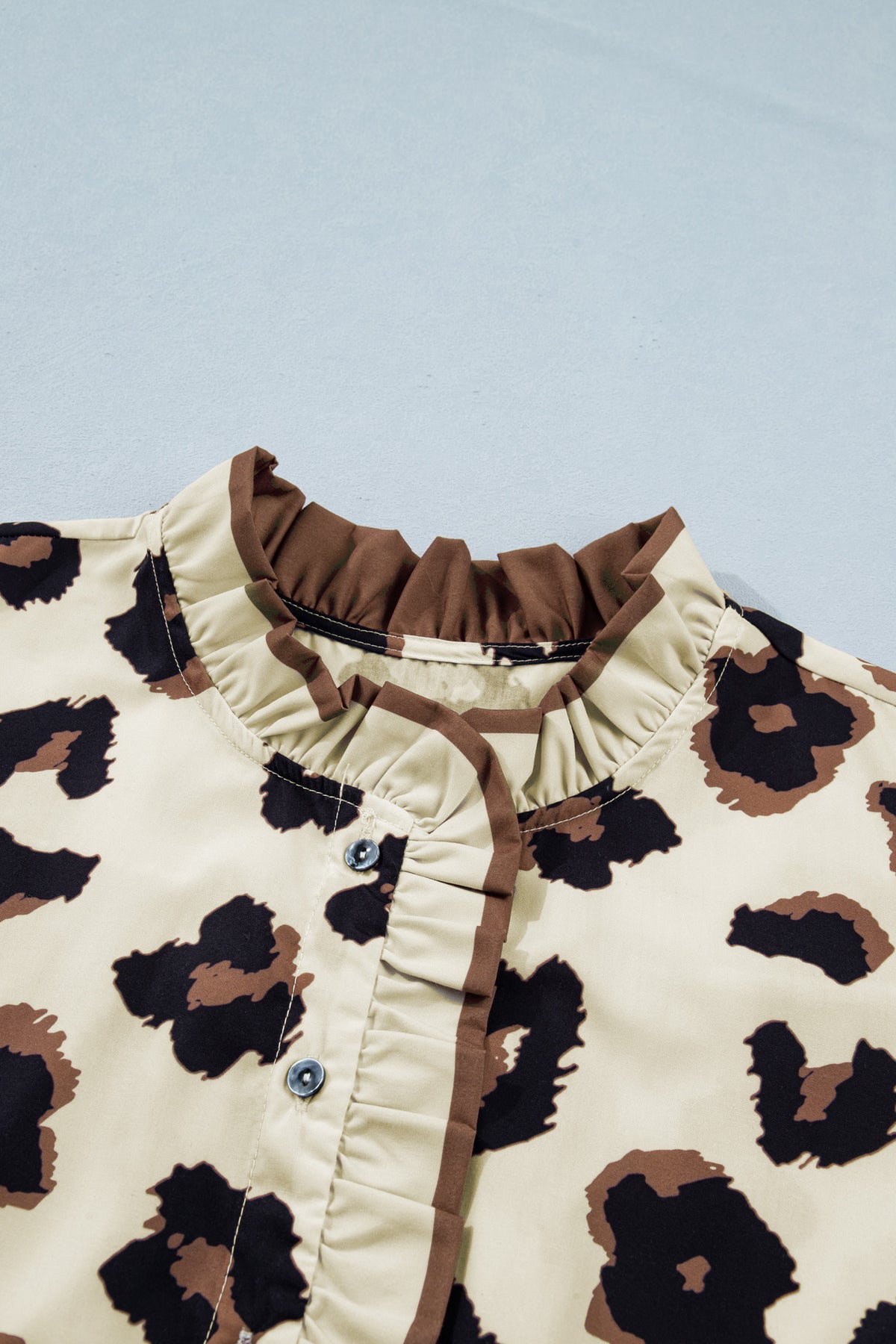 Khaki Plus Size Leopard Print Frilled Color-Block Trim Button Down Short-Sleeve Blouse