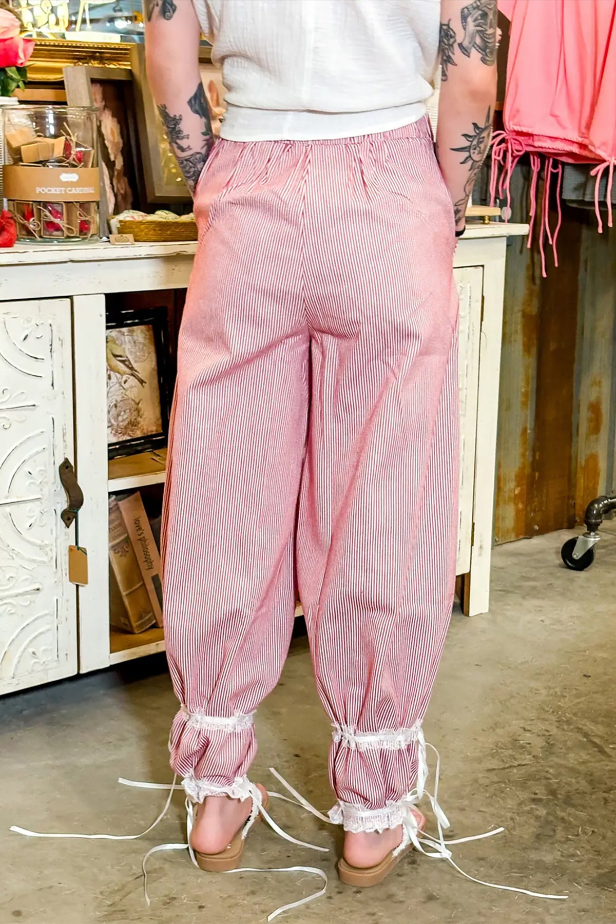 Red Stripe Contrast Lace Ribbon Tie Wide Leg Pants