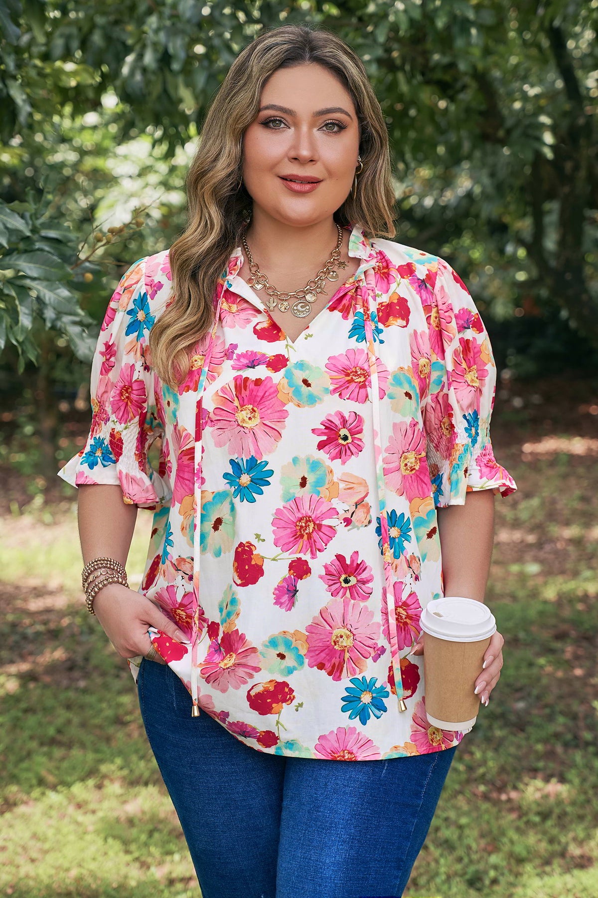 Pink Plus Size Floral Print Ruched Short-Sleeve Blouse