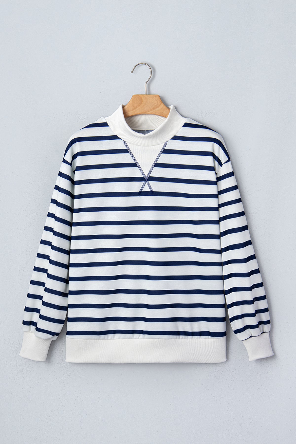 Blue Stripe Striped Stand Neck Ribbed Cuff Hem Sweatshirt