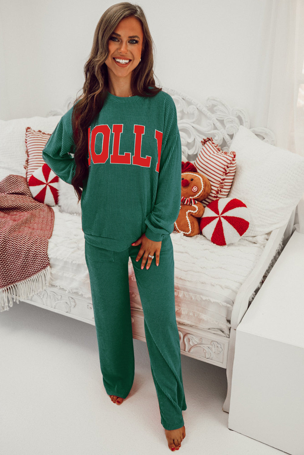 Women's Dark Green MERRY Corded Long-Sleeve Top & Pockets Pants Set