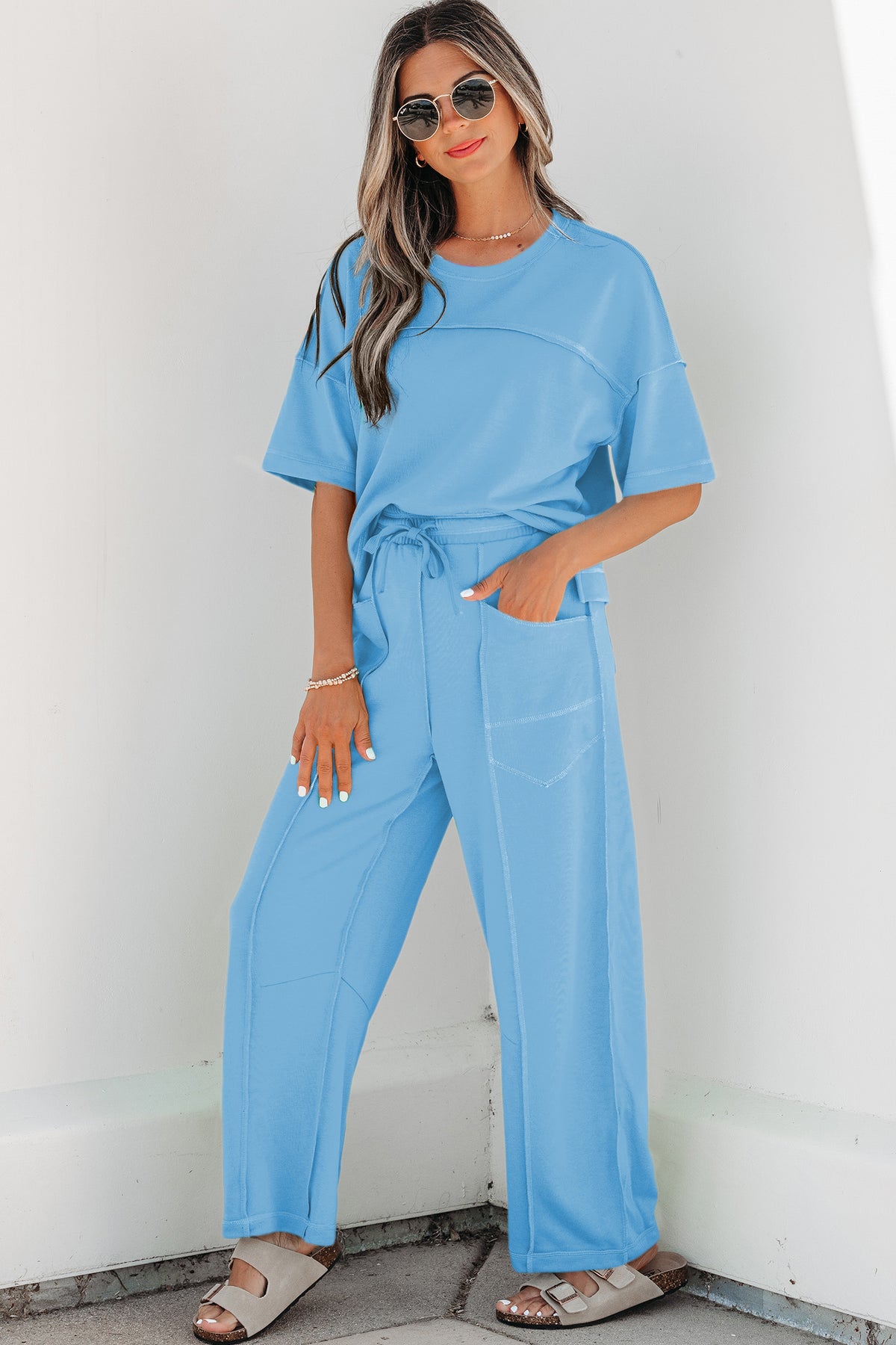 Women's Rose Red Drop Shoulder Boxy Tee and Barrel Pants Set