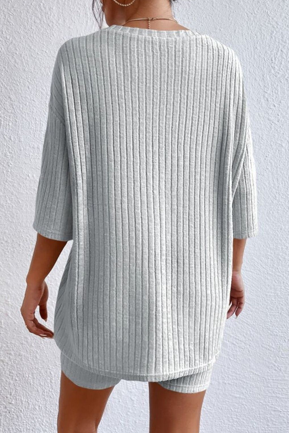 Gray Plain Ribbed Loose Fit Lounge Set