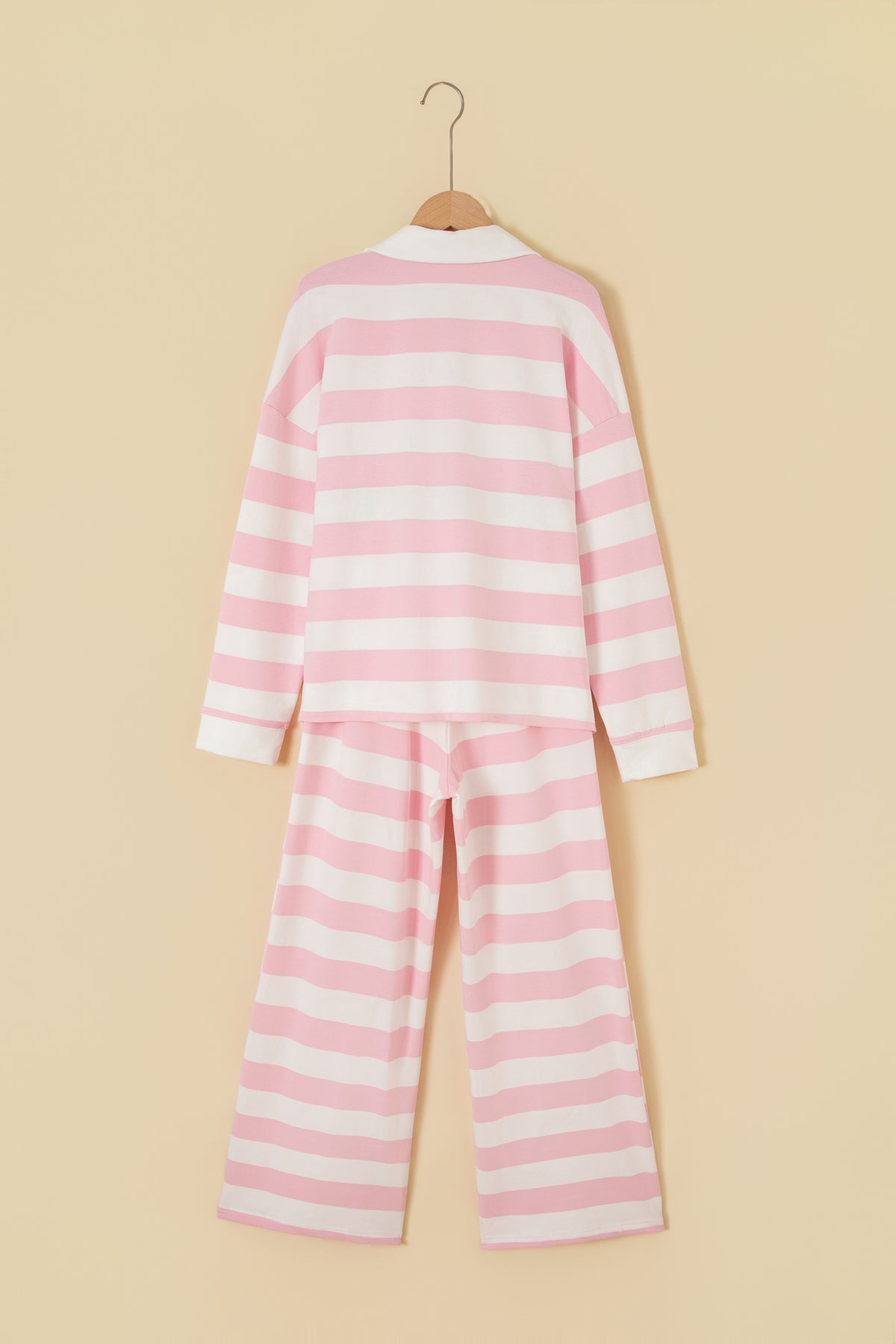 Women's Pink Stripe Color Block Patchwork Zip Long-Sleeve Top Pants Set