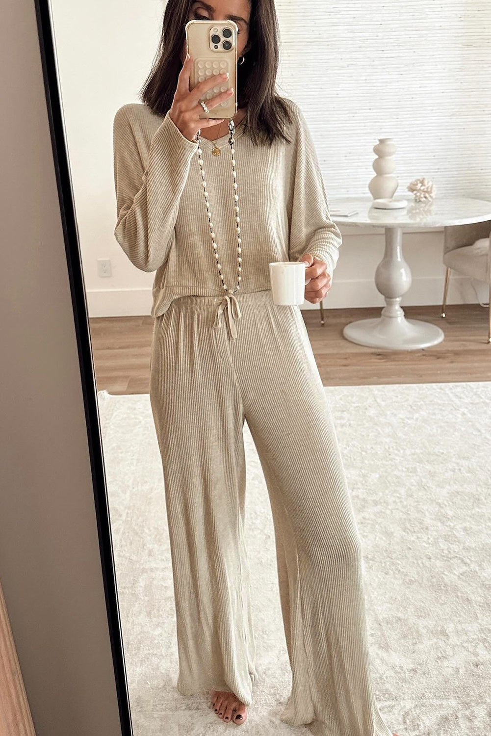 Jet Stream 3D Ribbed V Neck Pullover Drawstring Pants Lounge Set