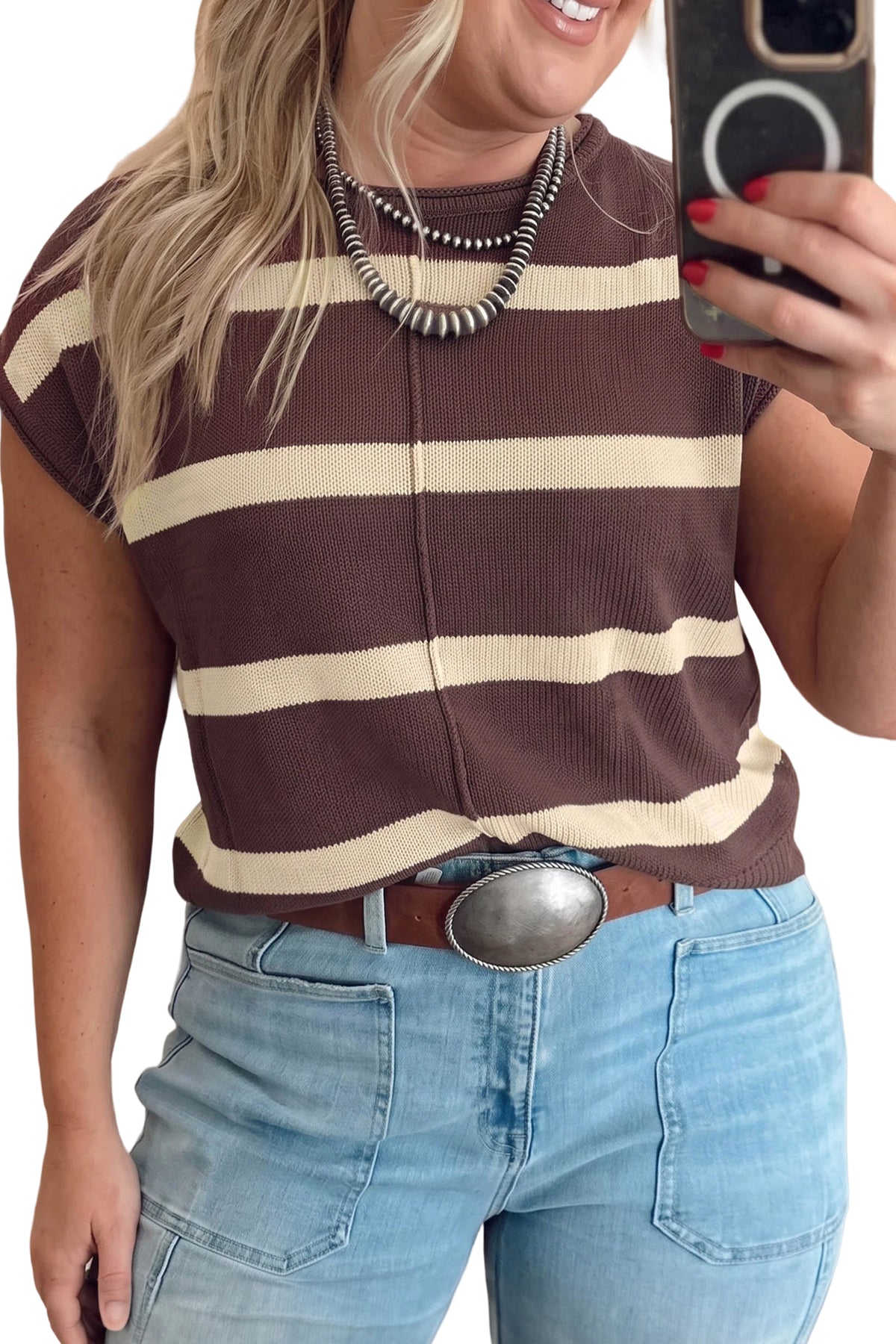 Brown Stripe Color Block Knit Plus Size Sleeveless Sweater